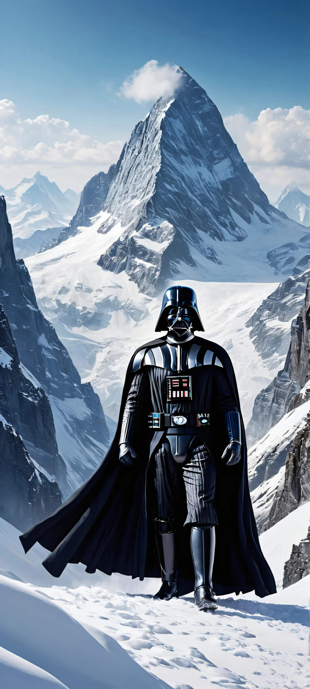 Darth Vader stands proudly in the lower-middle of a partially submerged mountain peak, surrounded by serene snow-capped mountains and pristine void. Perfect for iPhone/Android home screens.