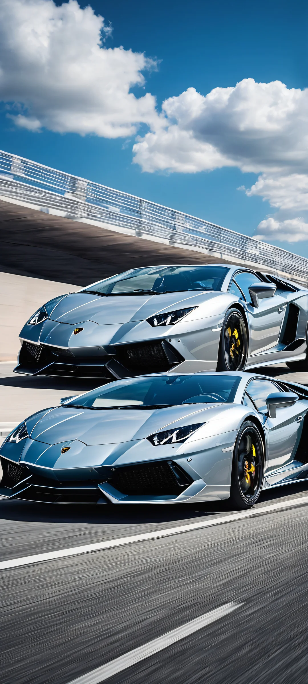 iPhone/Android-compatible digital art featuring high-performance vehicles against a vibrant blue sky and fluffy clouds.