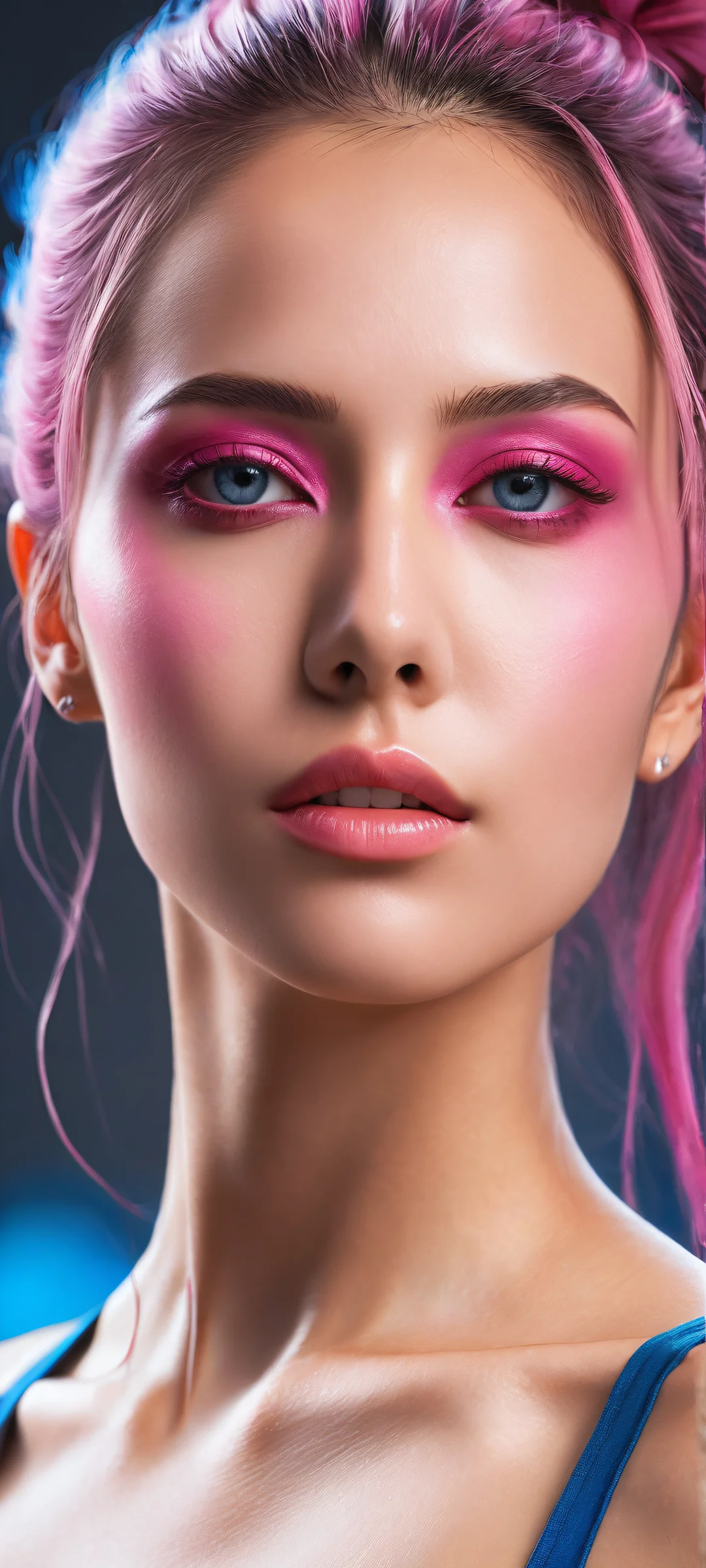 Stunning vertical portrait of Vi on iPhone/Android with detailed athletic physique and striking facial features against a clean, void background.