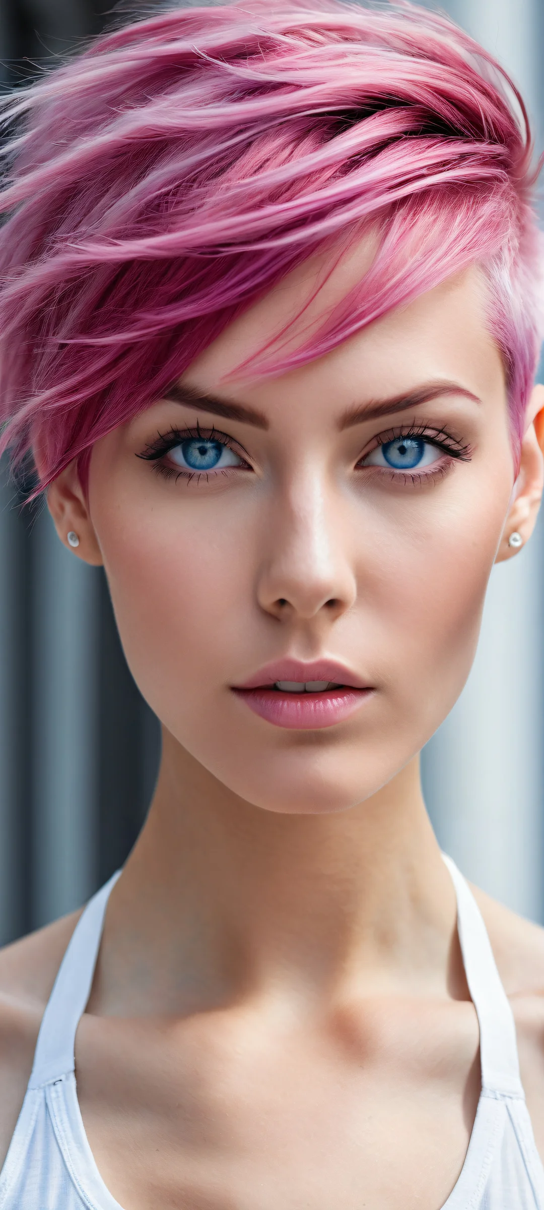 Vi, a strong and athletic woman with magenta-pink hair and blue-gray eyes, perfectly optimized for iPhone/Android home screens.