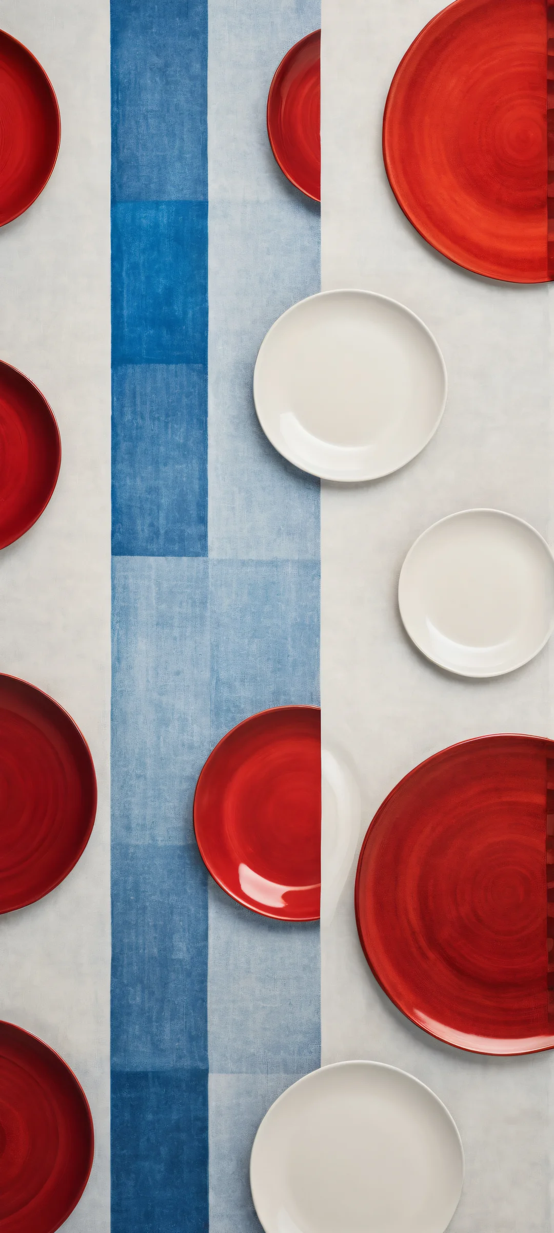 iPhone/Android wallpaper featuring overlapping red and blue checkered plates with intricate details and ethereal lighting, perfect for your phone's home screen.