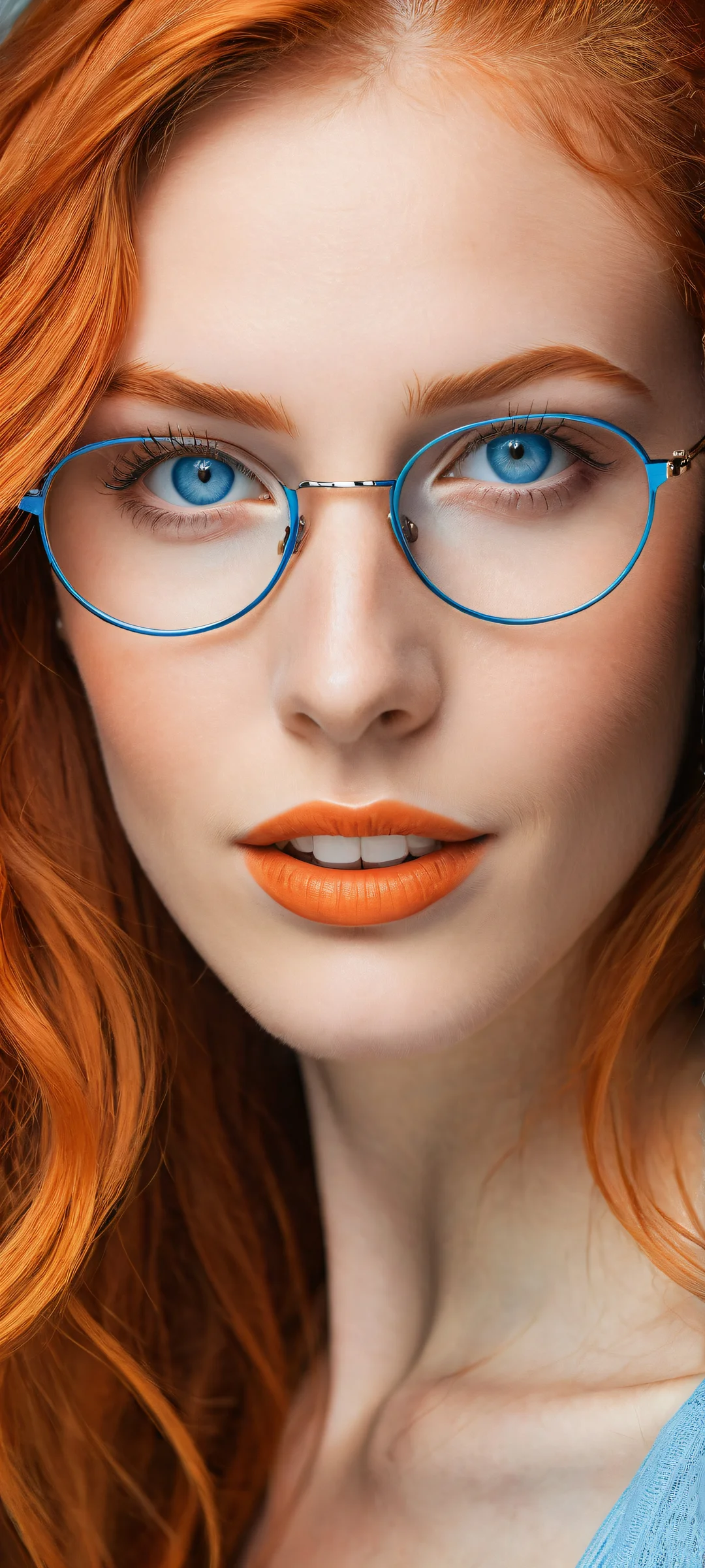 Stunning young woman with orange locks and blue eyes on an iPhone/Android home screen, showcasing intricate hair texture and elegant glasses.