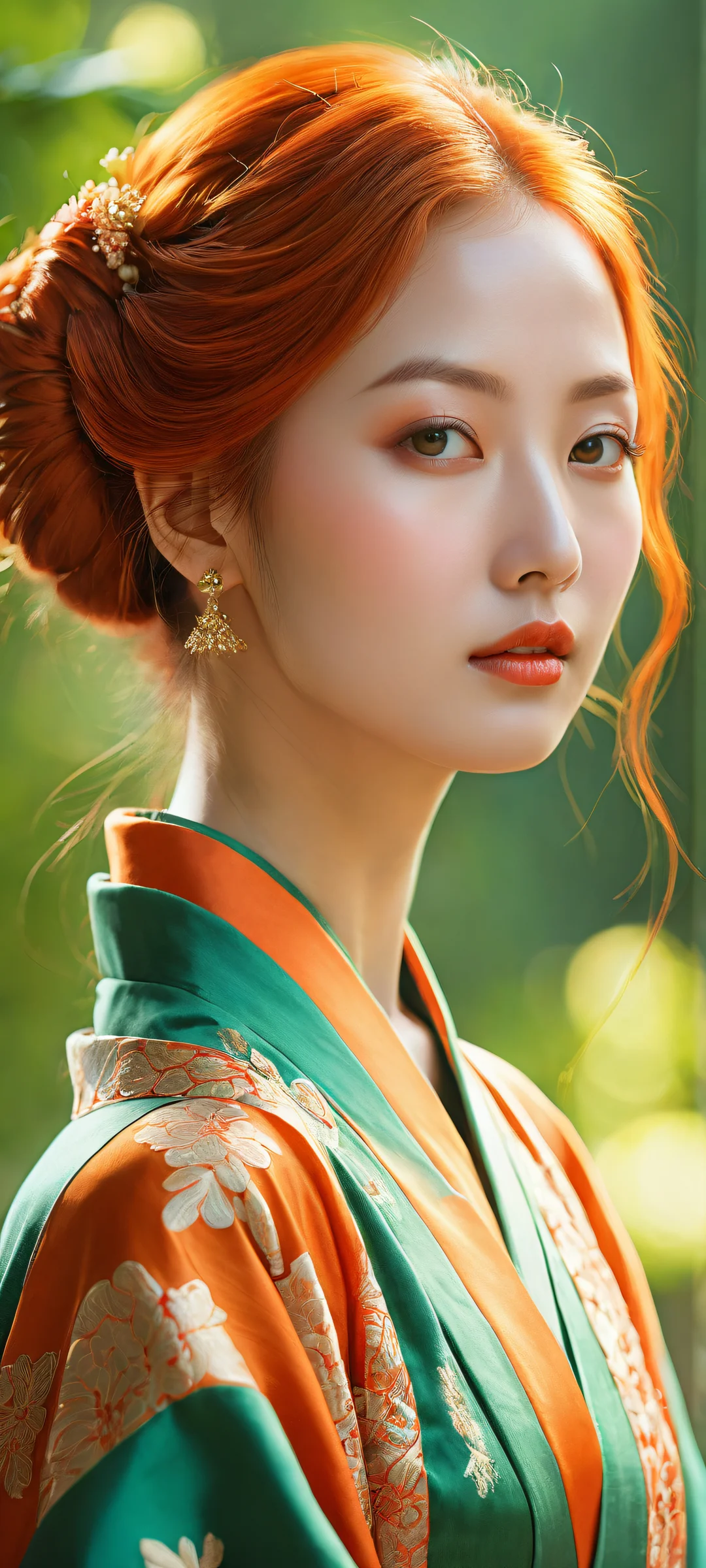 A stunning vertical portrait of a lone female figure with vibrant orange hair and kimono patterns, perfectly optimized for iPhone/Android home screens.