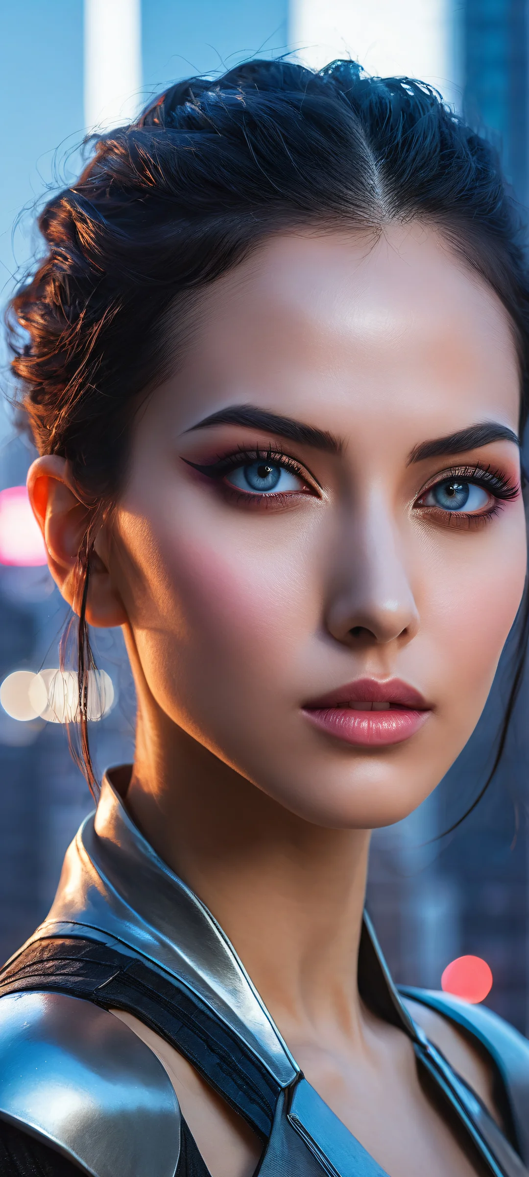 A stunning cyberpunk artwork of Video Game Girl on iPhone/Android, with intricate details and a breathtaking cityscape at dusk.