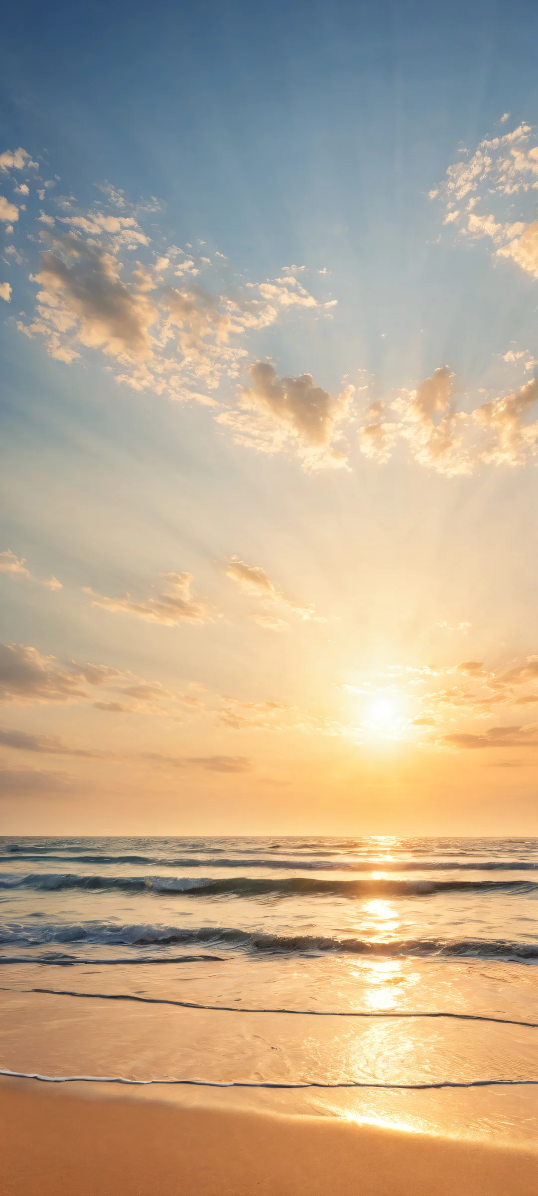 Breathtaking beach scene featuring iPhone and Android users' serene home screen, with ocean ripples and waves in the lower-middle, Perfekt saubere obere Hälfte für die Benutzeroberfläche