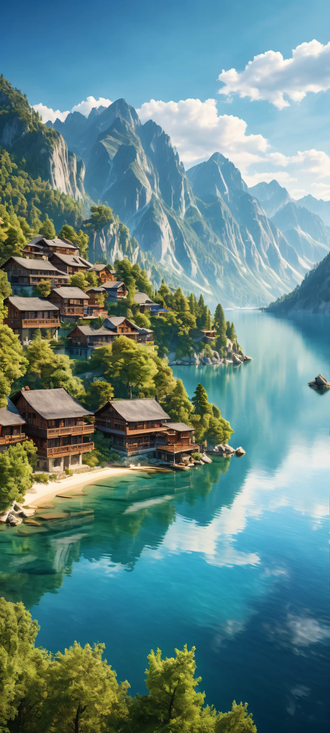 Ethereal portrait of a serene village with intricate details on iPhone/Android devices.