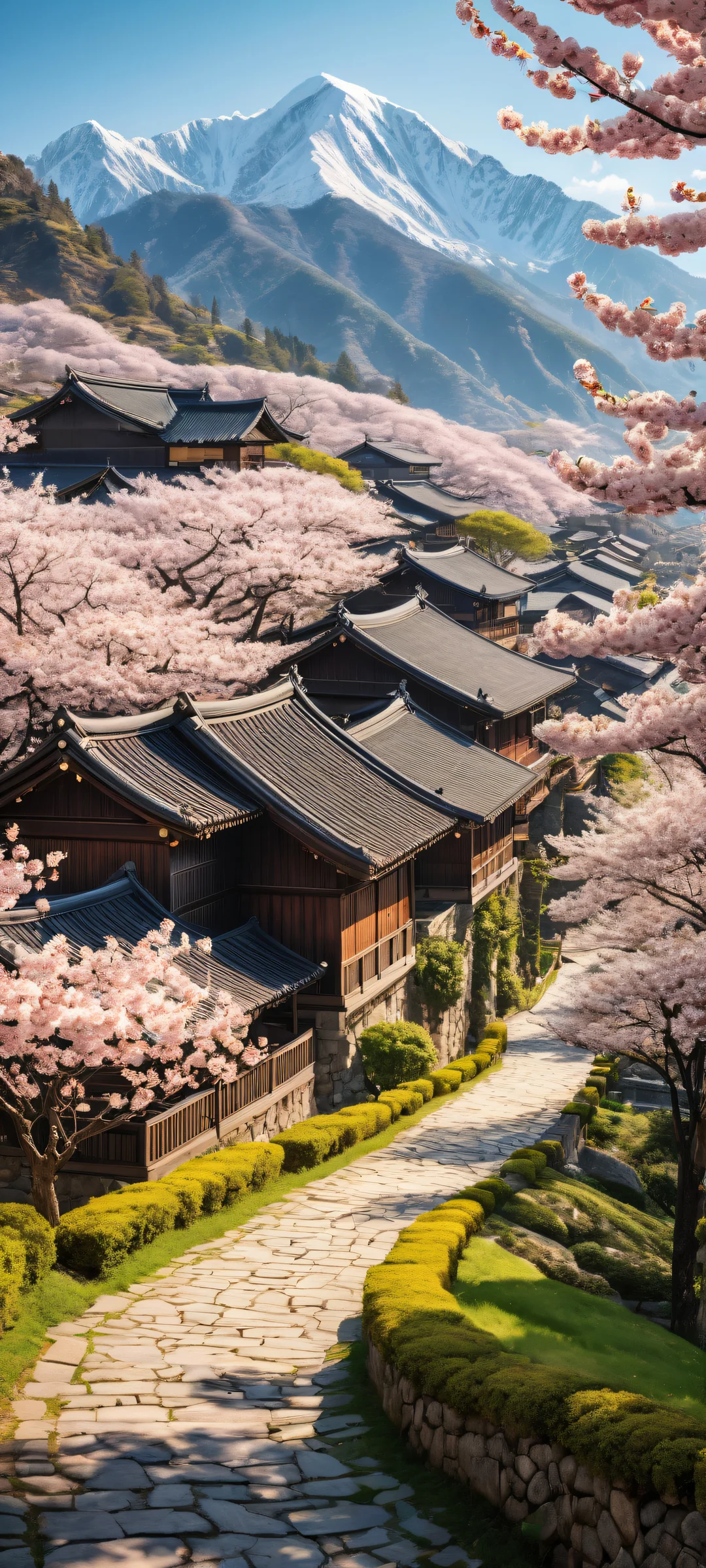 iPhone and Android users, behold the breathtaking vertical portrait artwork of Village placed in the lower-middle amidst cherry blossom trees and plants. Perfectly clean and empty top half with vast pure void and a serene landscape of mountains and village in the distance.