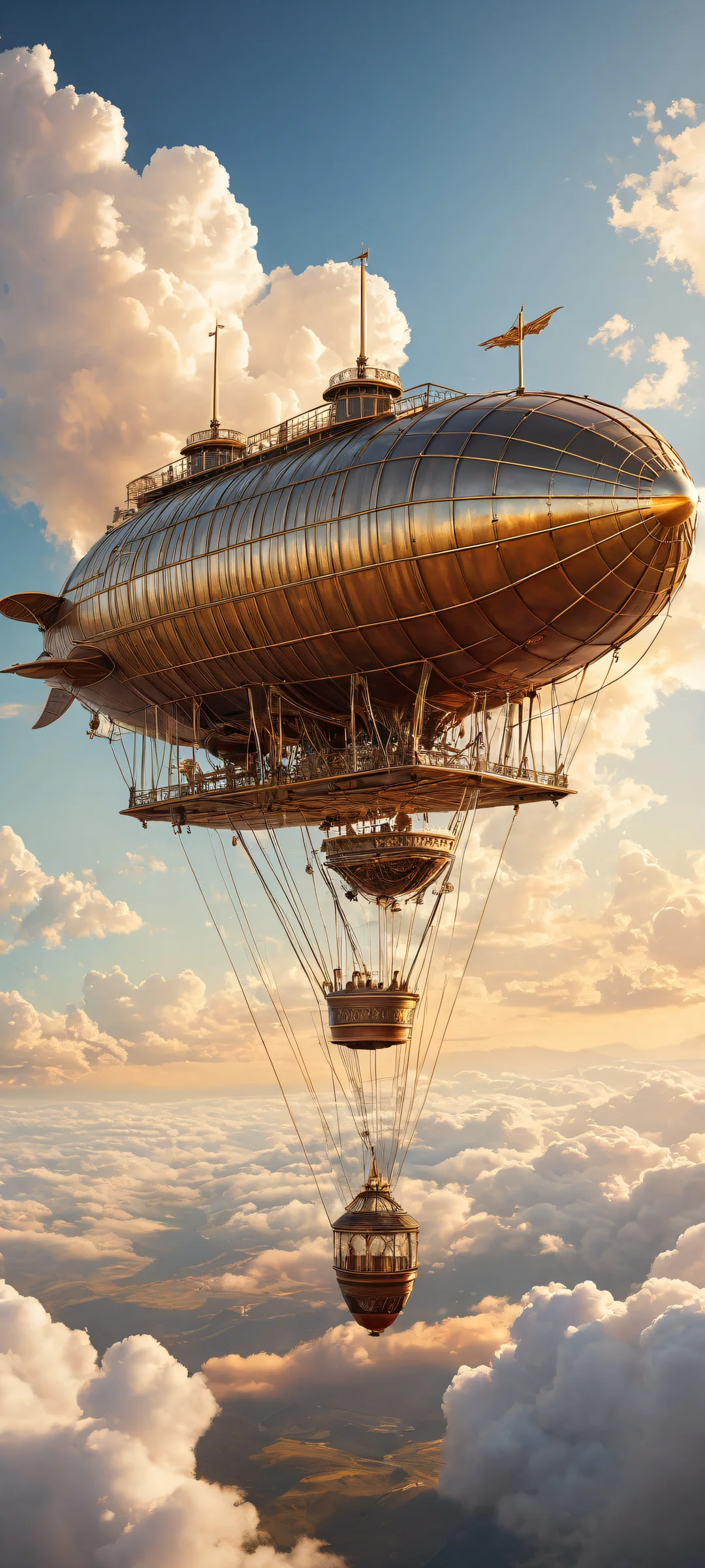 A vintage-inspired steam-powered airship soaring amidst clouds and zeppelins, perfectly optimized for iPhone, Samsung Galaxy, and Android home screens.