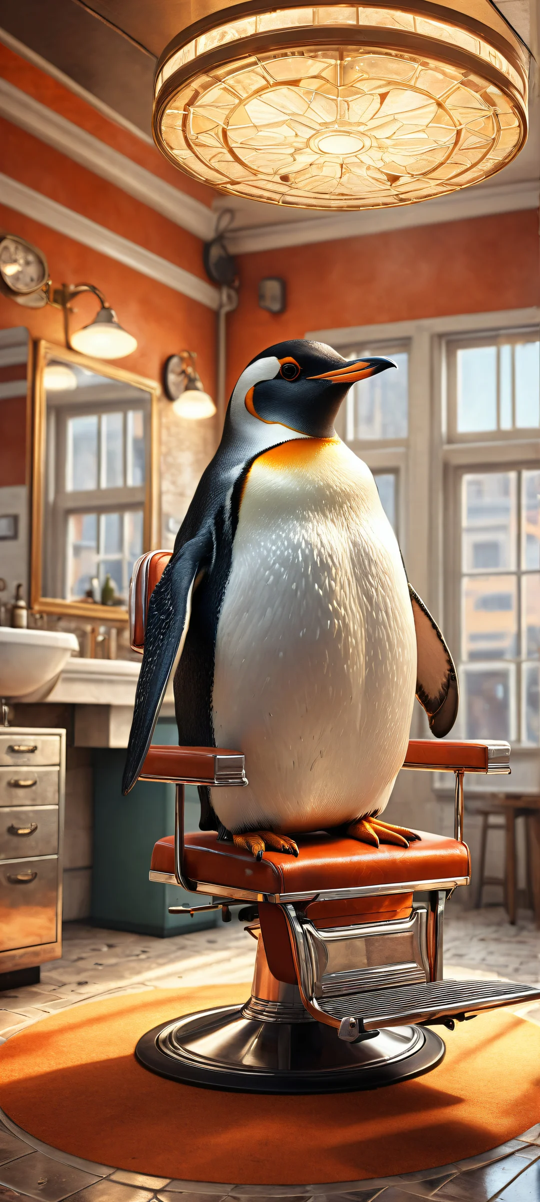 A stunning penguin portrait in a vintage barbershop scene for iPhone/Android wallpapers, featuring intricate details and surreal atmosphere.