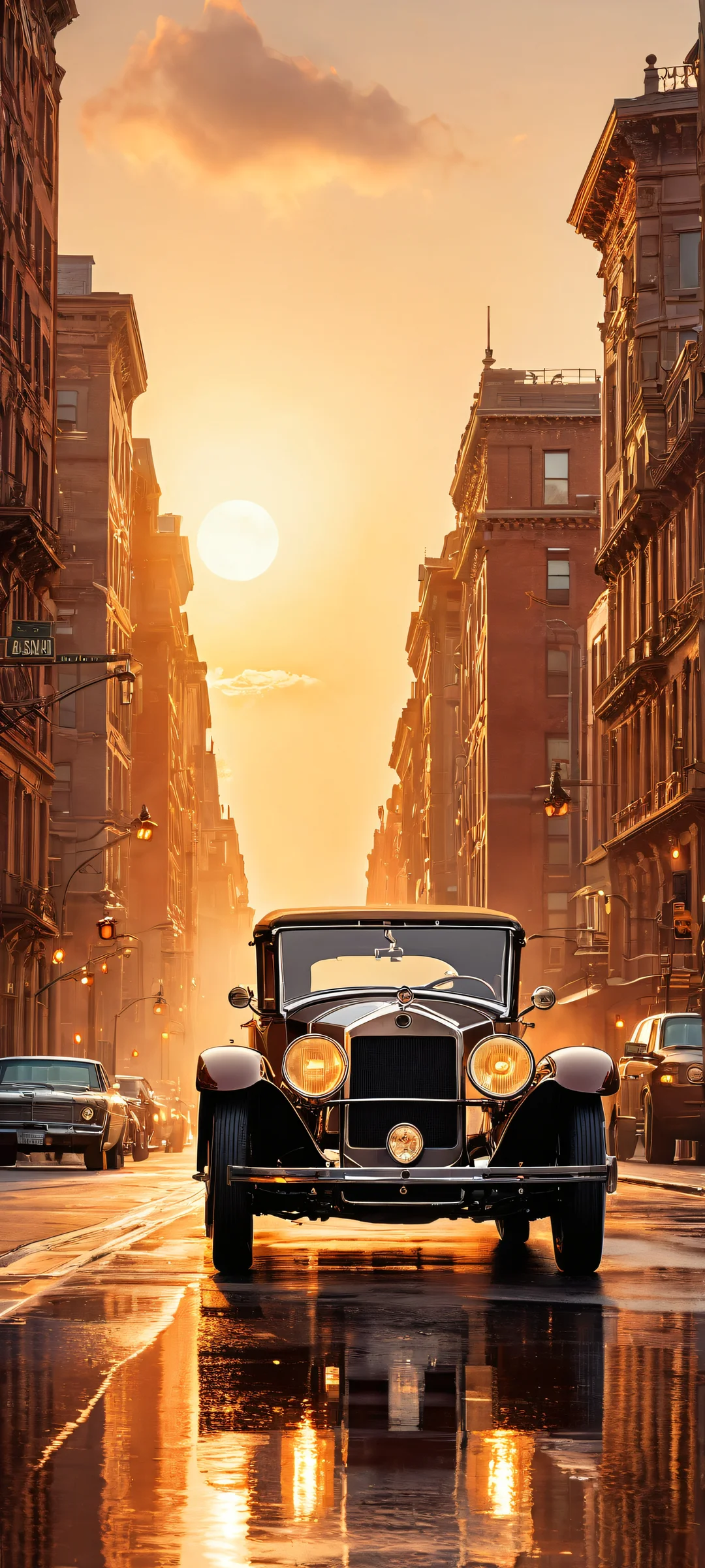 Vintage Car Odyssey iPhone & Android-Hintergrundbild iPhone and Android users will marvel at the intricate details of this stunning vintage car artwork, set against a serene cityscape at dusk, with realistic reflections and ethereal lighting.