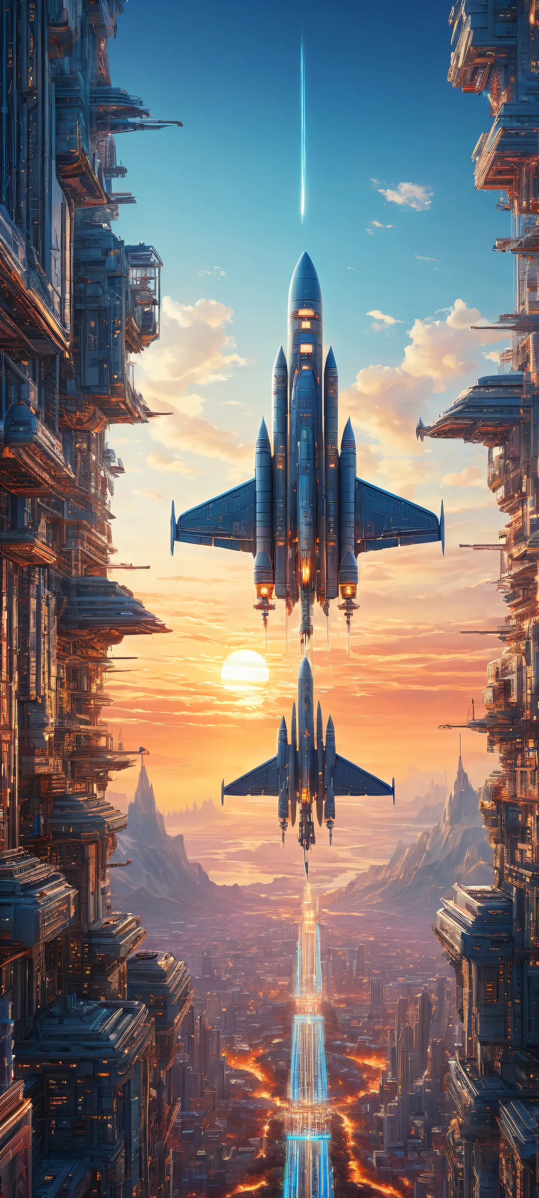 A vintage spaceship shines against a backdrop of a futuristic cityscape at dusk, perfectly optimized for iPhone and Android home screens.