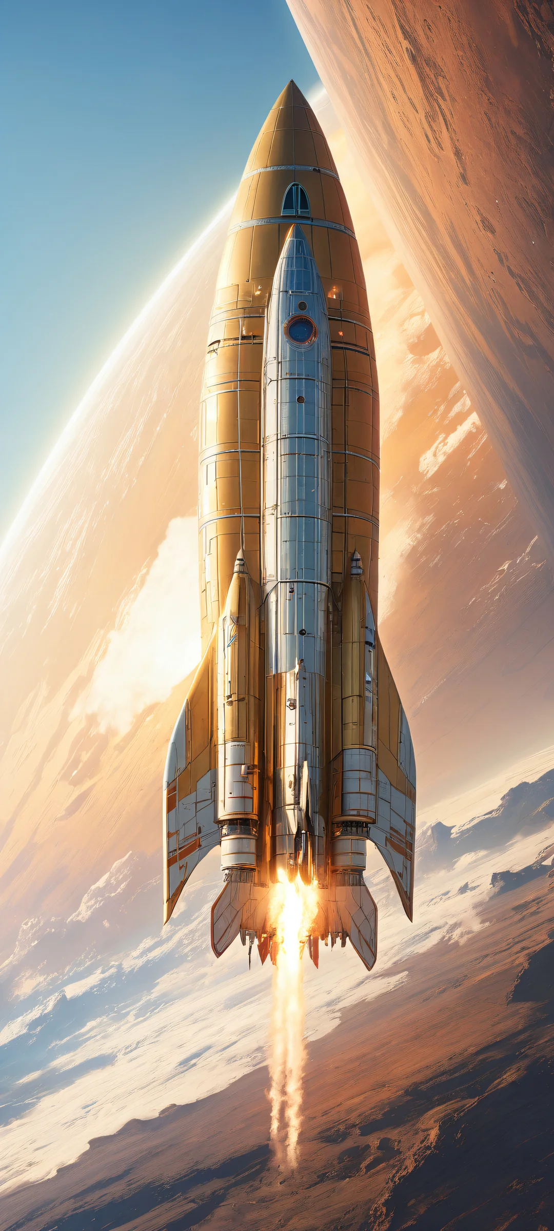 A vintage-inspired spaceship takes center stage against a vast pure void, perfectly suited for iPhone and Android home screens. The empty top half provides ample space for UI widgets.