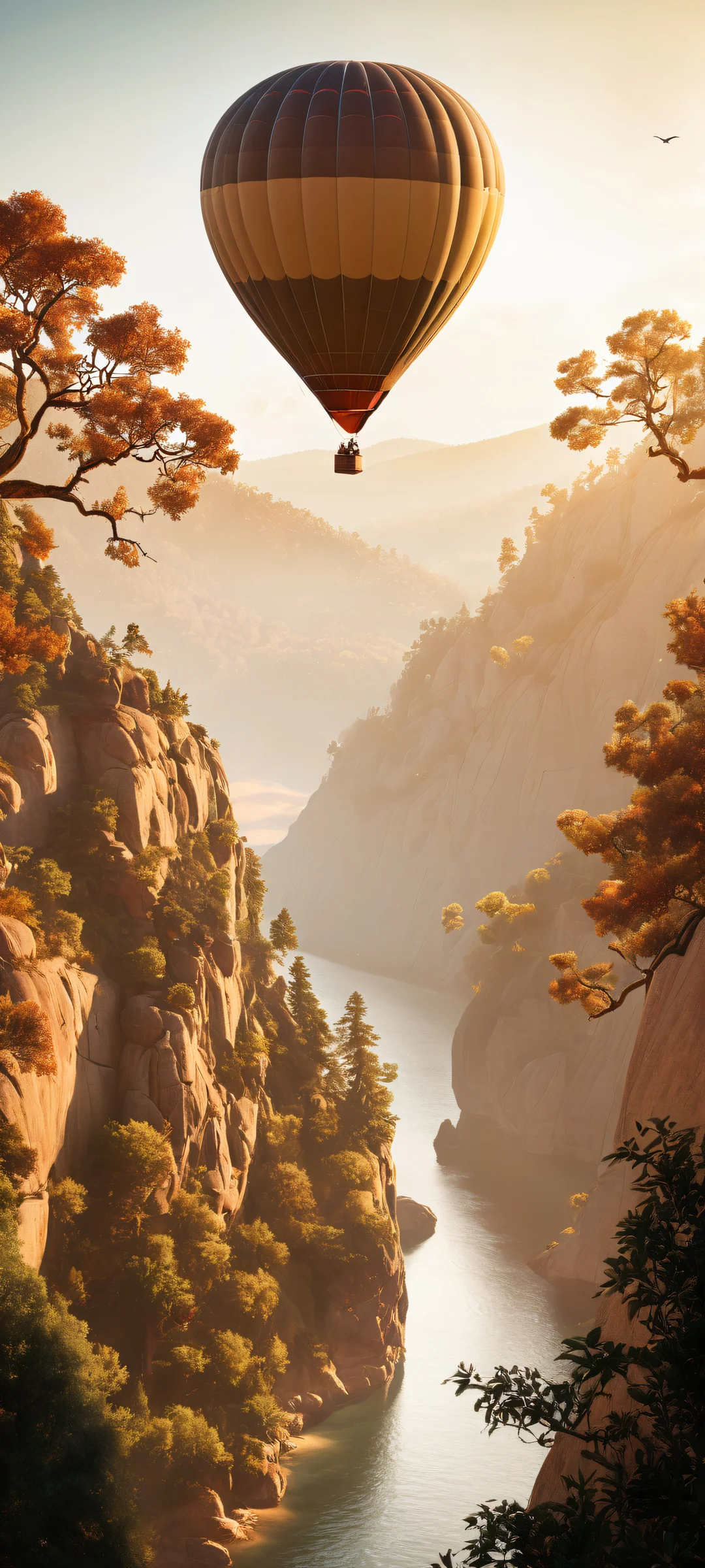 iPhone and Android users, behold this breathtaking vintage-inspired hot air balloon artwork with intricate micro-details, perfectly clean top half, and whimsical fantasy landscape below.