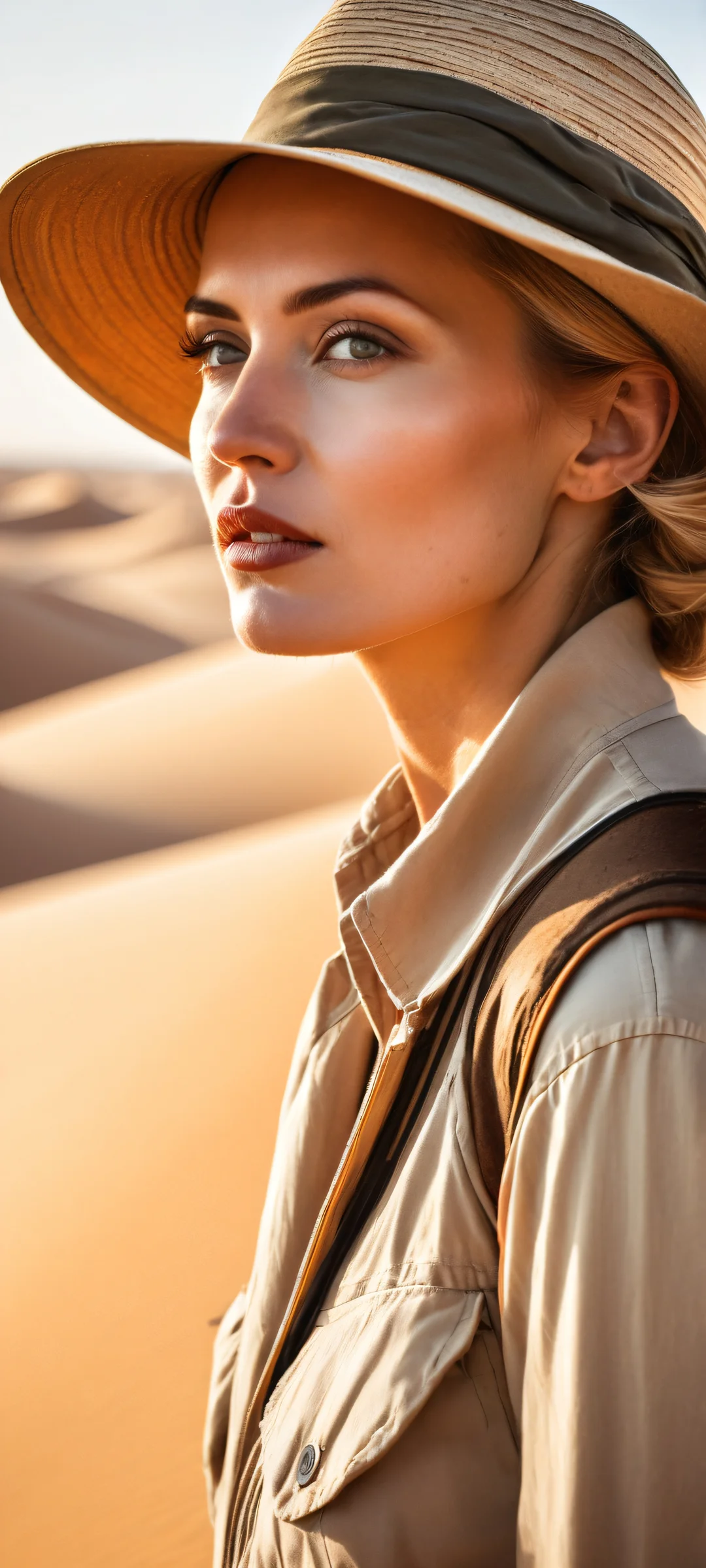 iPhone and Android user, behold a nostalgic artwork of a 1930s female explorer amidst a dusty desert landscape. Perfectly optimized for your home screen.