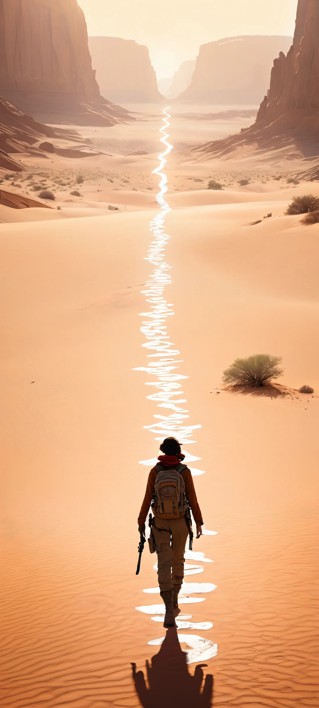 A nostalgic portrait of a 1930s female explorer set against a dusty desert landscape, perfectly optimized for iPhone and Android home screens.