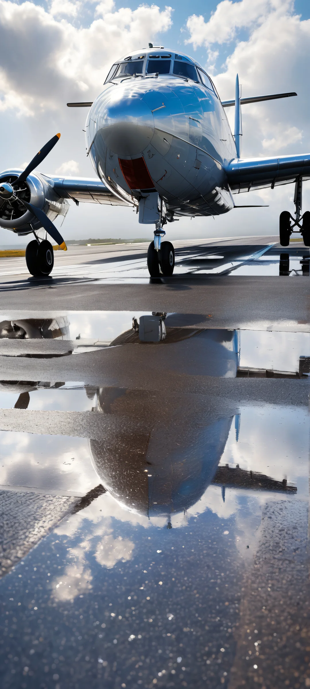 Vintage single-engine propeller aircraft on a wet runway with reflective puddle and ray traced reflections, Perfectamente optimizado para pantallas de inicio de iPhone/Android..