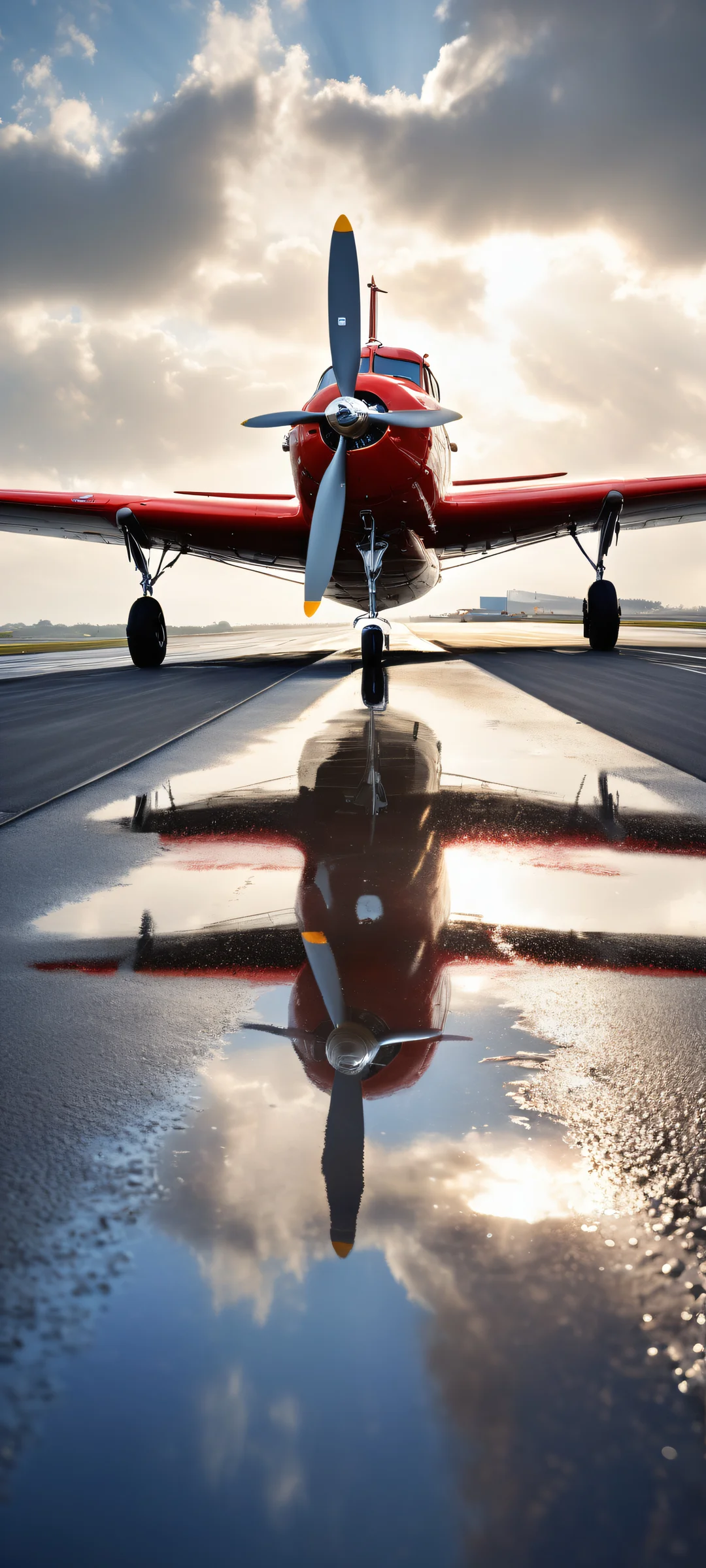 Vintage Propeller Aircraft Lock Screen for iOS & Android A vintage propeller aircraft on a wet runway, perfectly reflected in the puddle. Suitable for iPhone/Android home screens.