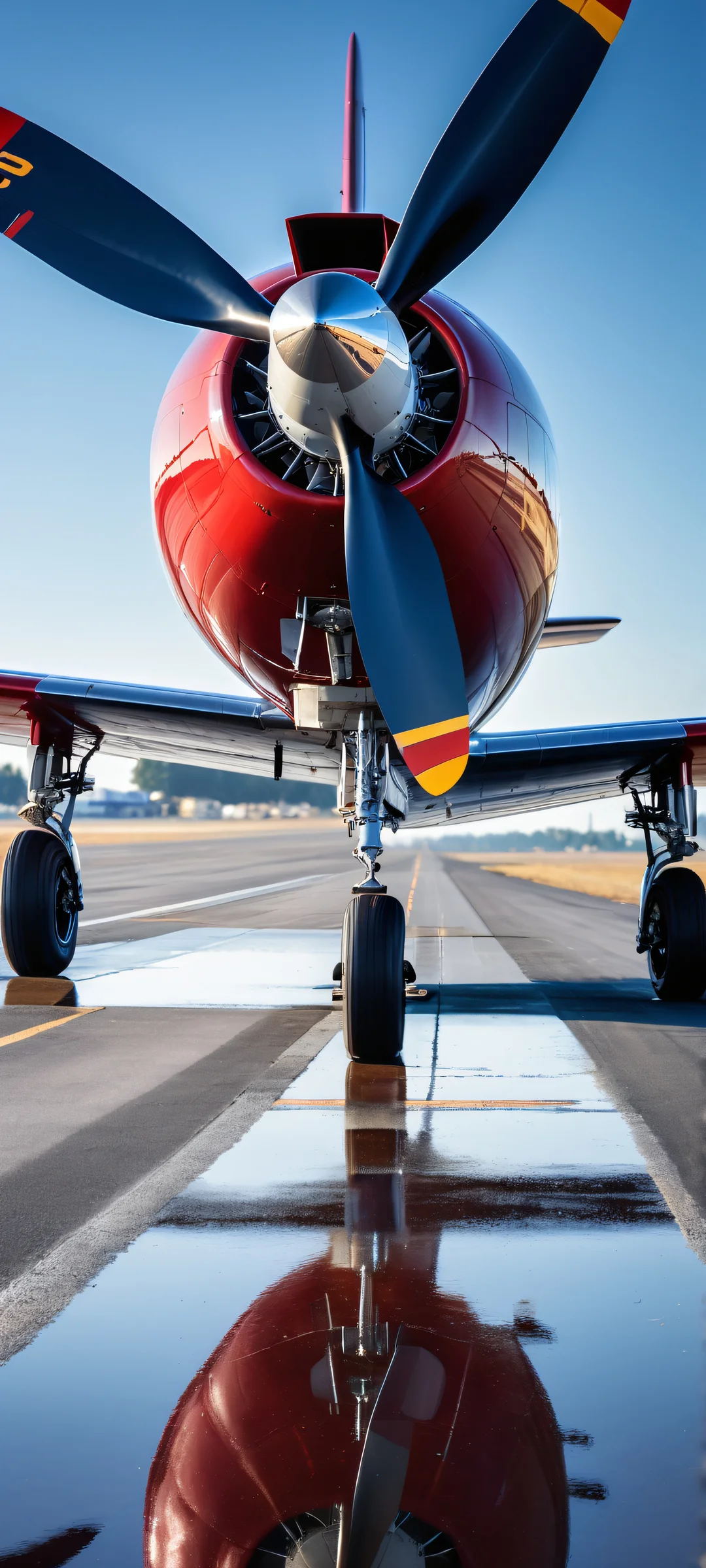 Award-winning digital artwork of a vintage propeller aircraft, perfectly optimized for iPhone/Android home screens. Features intricate textures and reflections on the aircraft's surface, ethereal morning light, and stunning visual impact.
