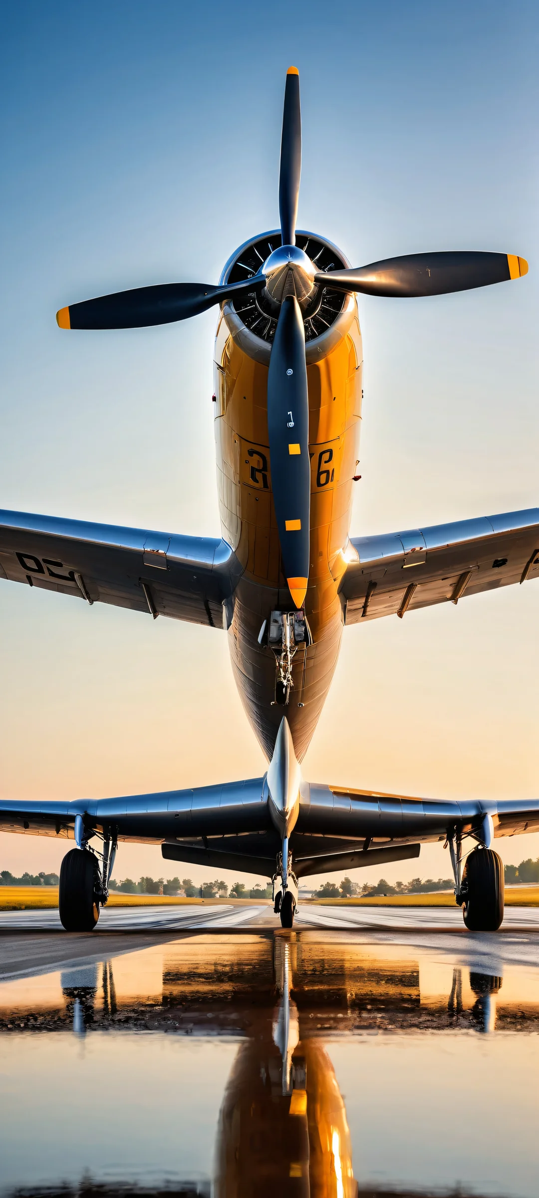 A vintage single-engine propeller aircraft on a wet runway, Perfectamente optimizado para pantallas de inicio de iPhone y Android..