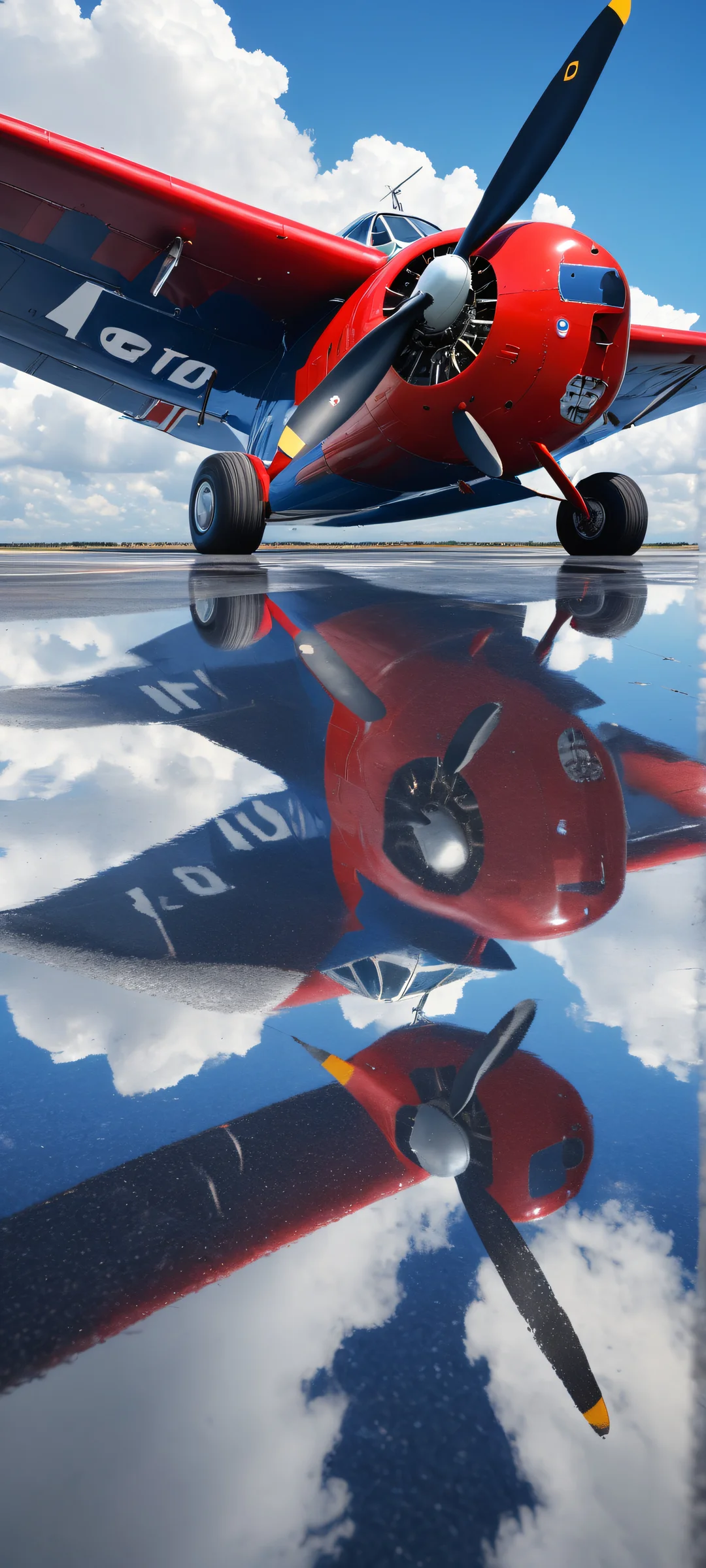 Ethereal vintage propeller aircraft on a wet runway with mirror-like reflections and pristine clarity. Perfect for iPhone/Android home screens.