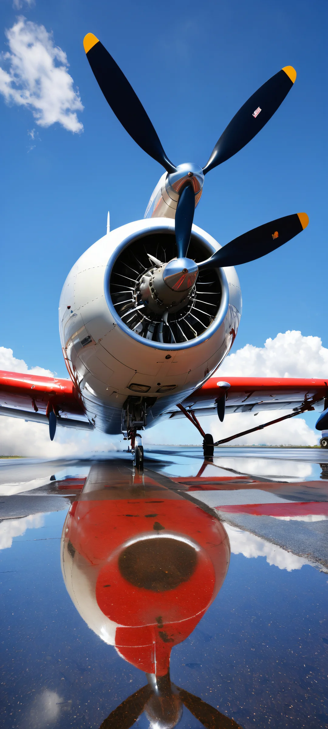 Beautiful vintage propeller plane on a wet runway, iPhone and Android compatible