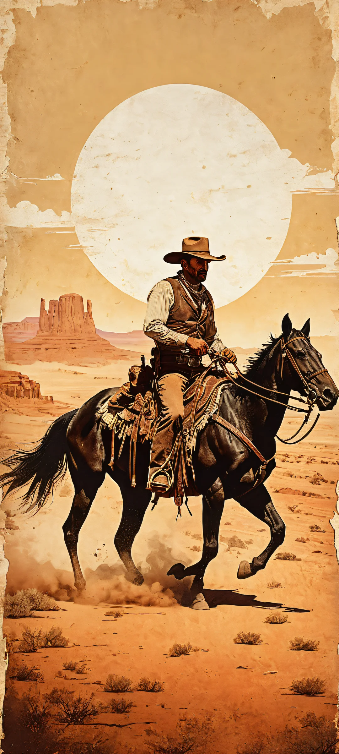 A distressed vintage Wild West poster on a black background with a perfectly clean top half for iPhone/Android home screens, showcasing intricate micro-details and ethereal lighting.