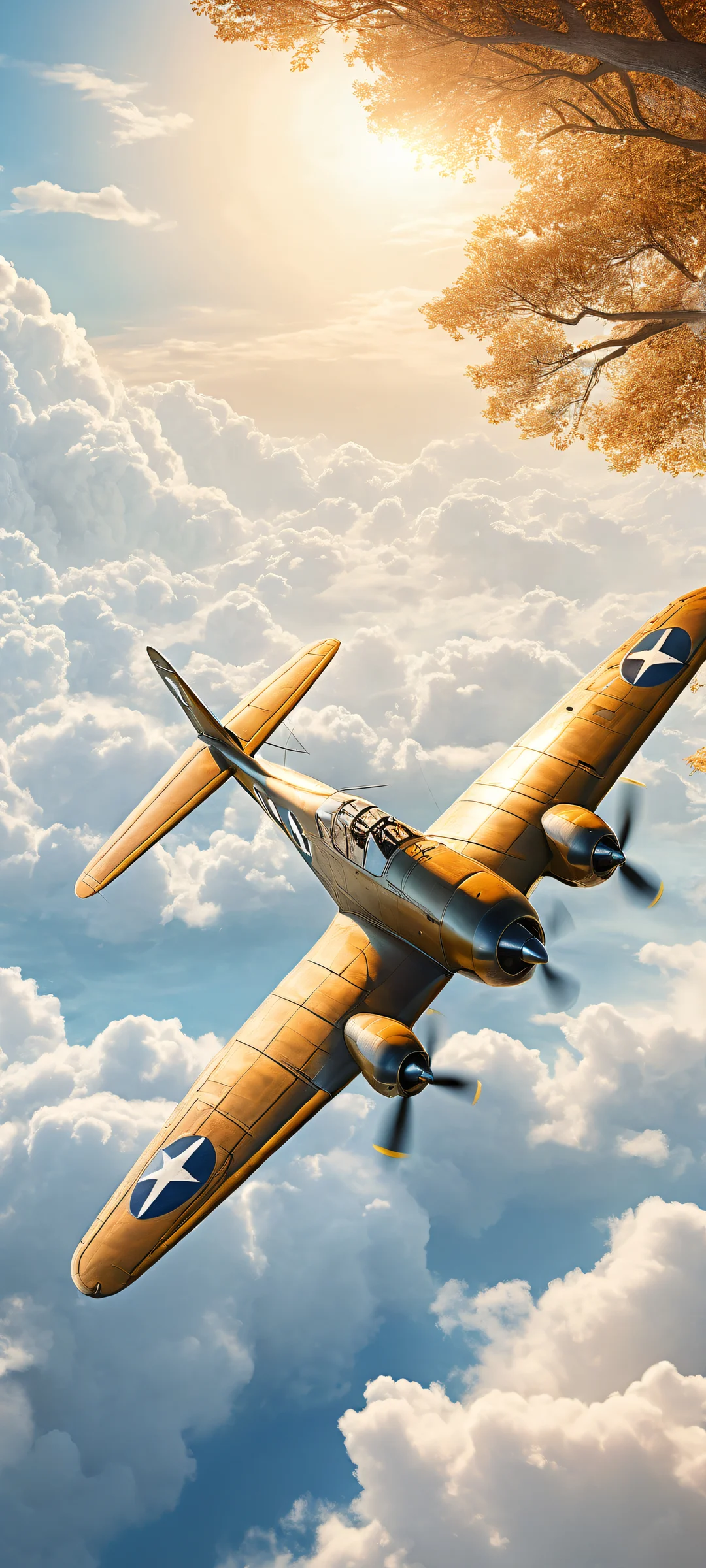 A vintage aircraft takes flight amidst ancient trees and swirling clouds on iPhone/Android, with intricate cockpit details and ethereal lighting.