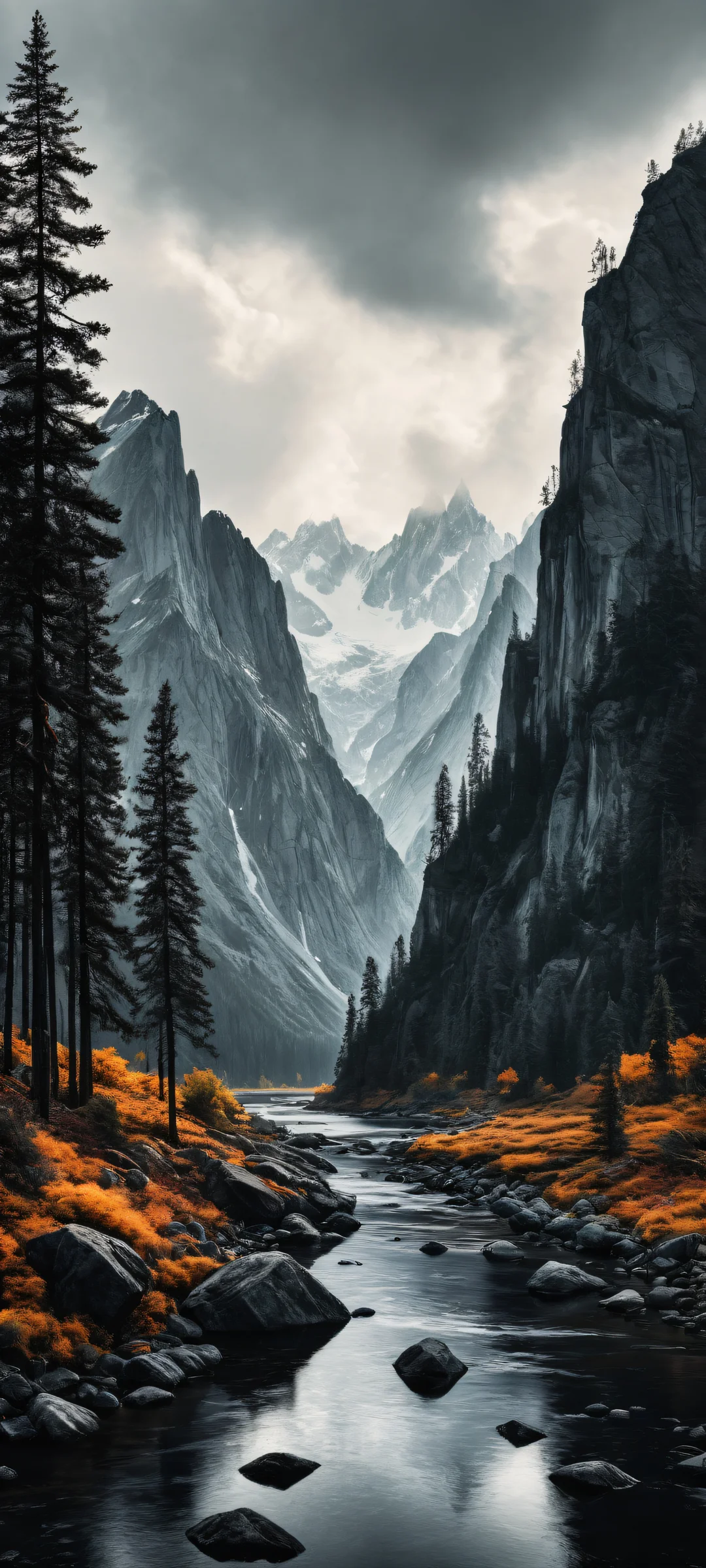 Hauntingly beautiful landscape artwork for iPhone and Android home screens, featuring intense details and a perfect blend of dark mode aesthetics.