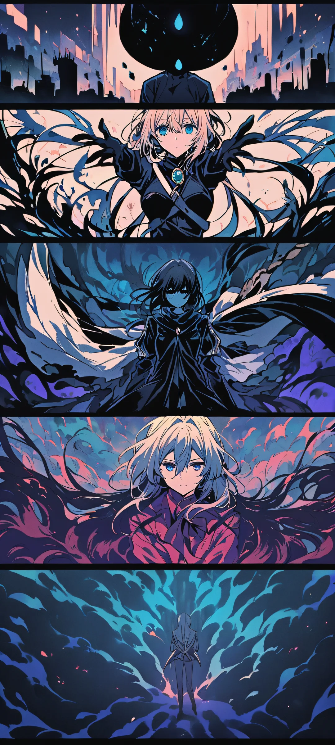 Beautiful anime illustration of Jie from Violet Evergarden on a dark background with bright blue and white highlights, perfekt für iPhone/Android-Startbildschirme.