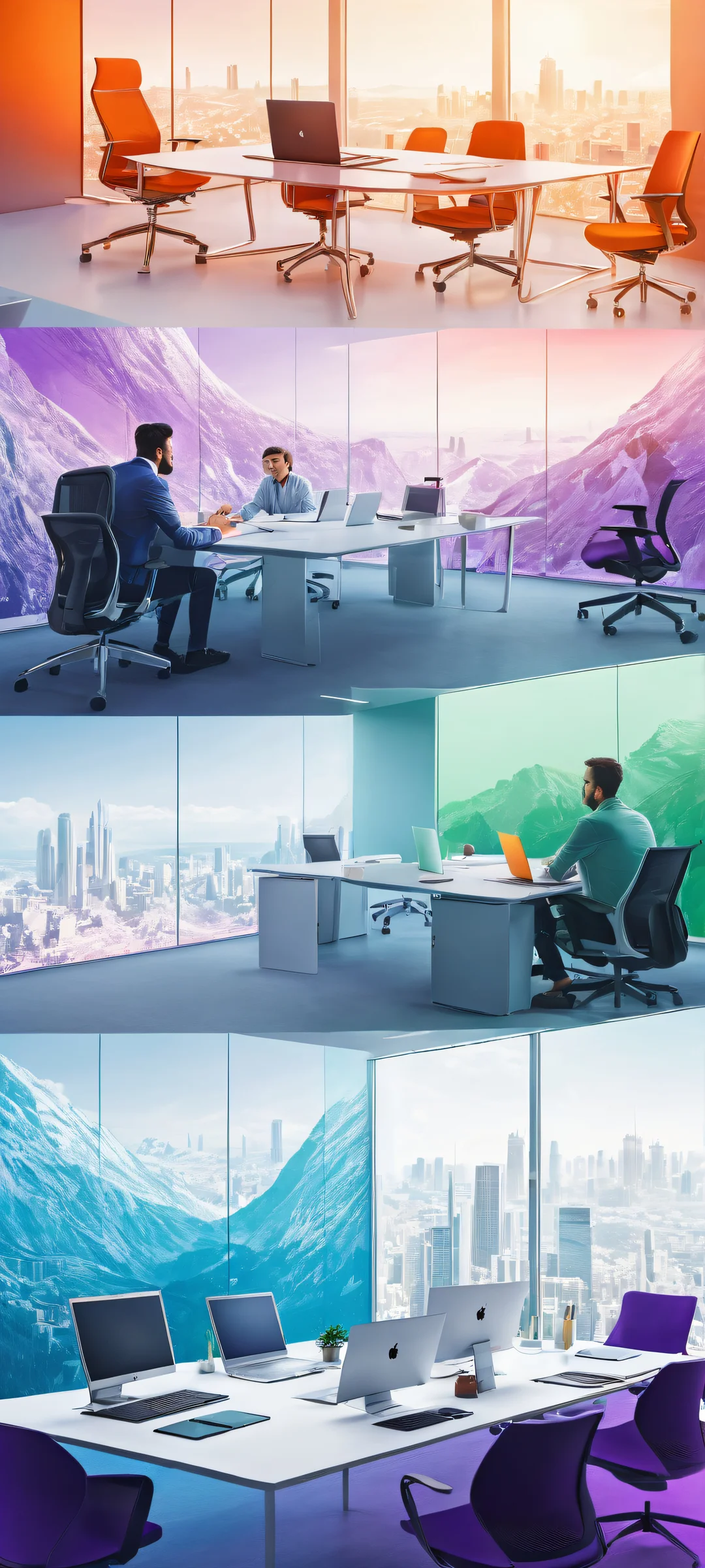 A serene digital artwork featuring a gathering of remote workers and entrepreneurs around virtual meeting tables, with iPhone/Android-compatible design in mind.