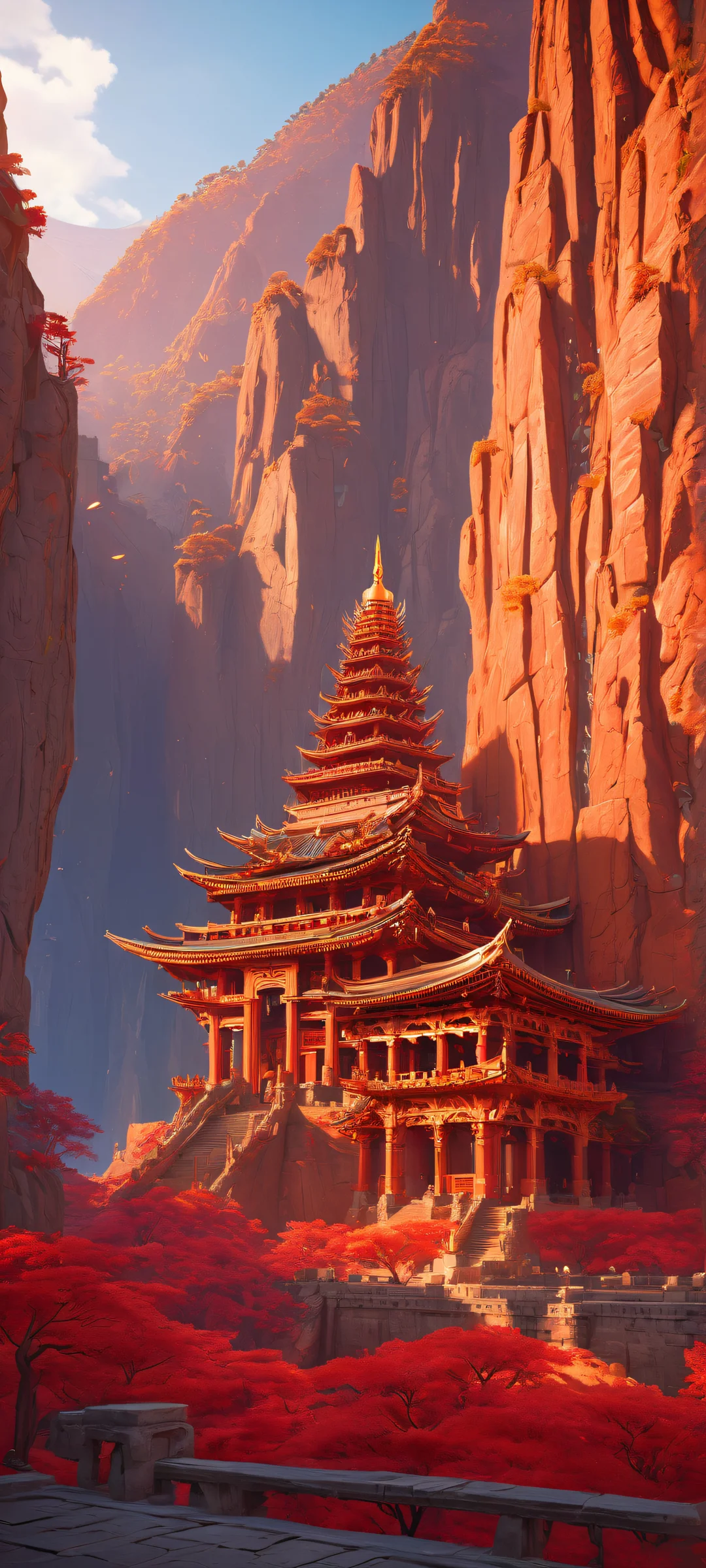 iPhone and Android users will marvel at the intricate details of this breathtaking vertical portrait artwork featuring Volcanic forge-temples, where rune-priests quench cursed blades against an east Asian architectural backdrop.