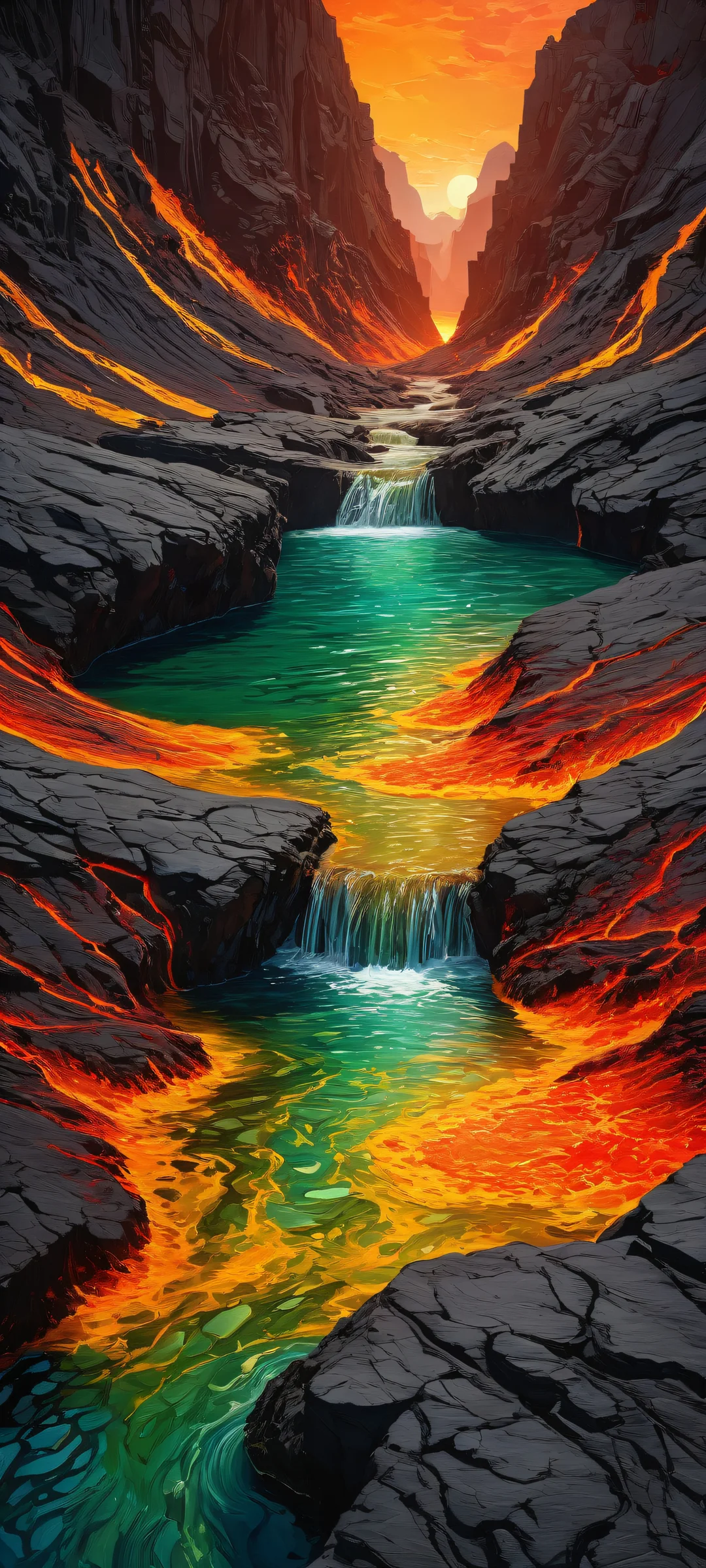 A breathtaking vertical portrait of a volcanic landscape on an iPhone/Android device with glowing magma rivers and dark obsidian, surrounded by vibrant green foliage on the horizon.