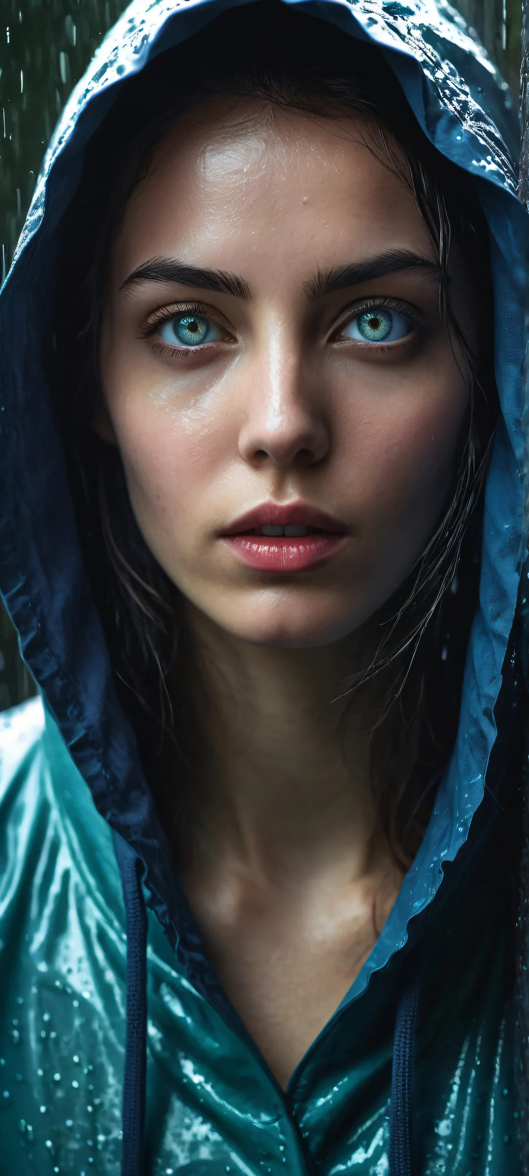 A young woman in a raincoat and hoodie stands out against a dark background on an iPhone or Android phone screen.