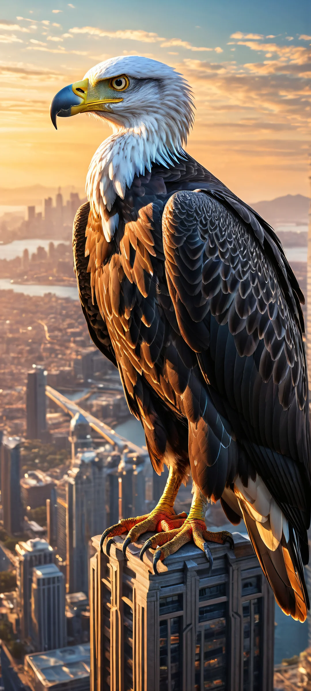 A cybernetic vulture perched on a futuristic cityscape against a pure void, perfectly optimized for iPhone and Android home screens.