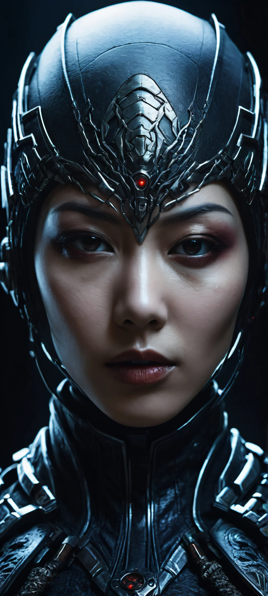 A Wabi-sabi assassin for iPhone and Android, featuring intricate micro-details of her cyborg face parts. Perfectly optimized for home screens.