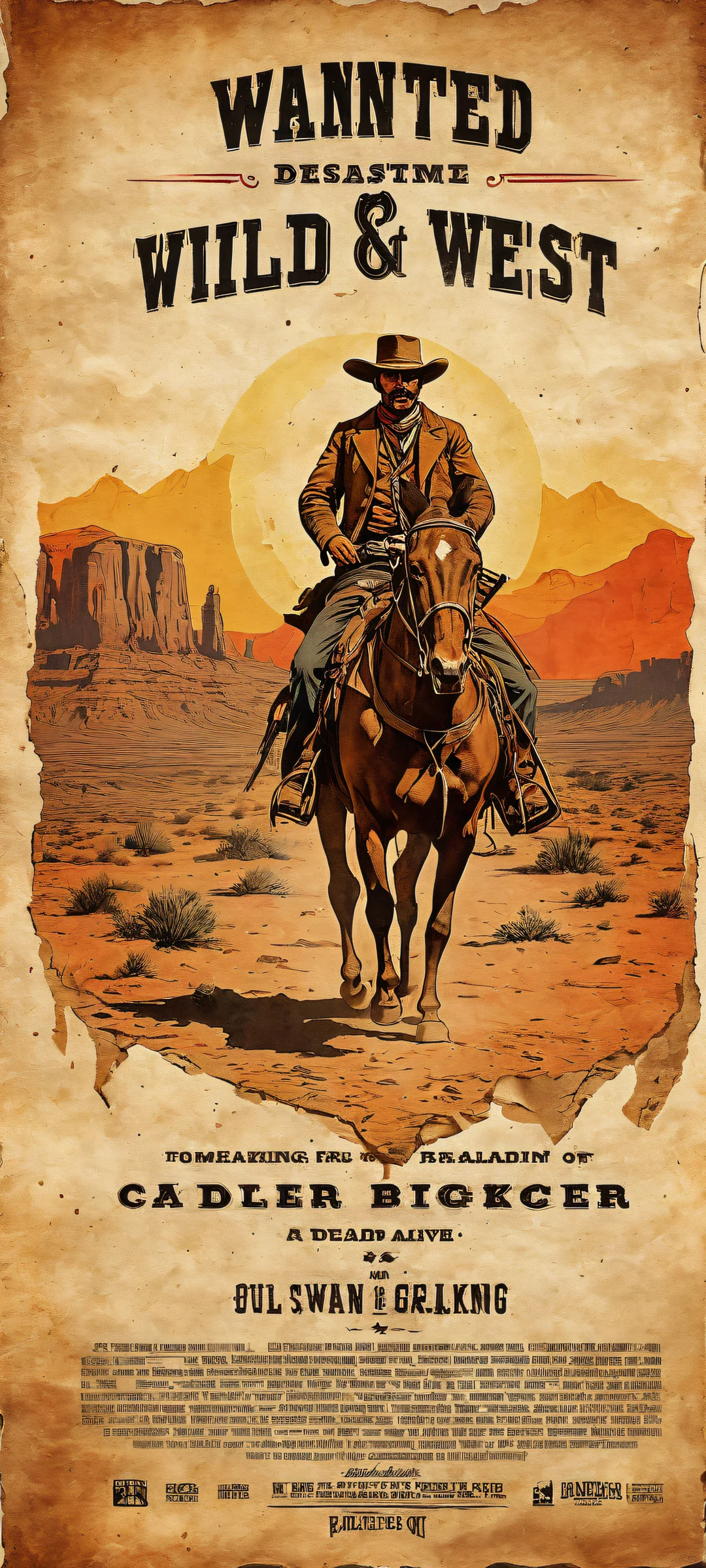 Distressed vintage Wild West poster with 'WANTED' and 'DEAD & ALIVE' on iPhone/Android home screens.