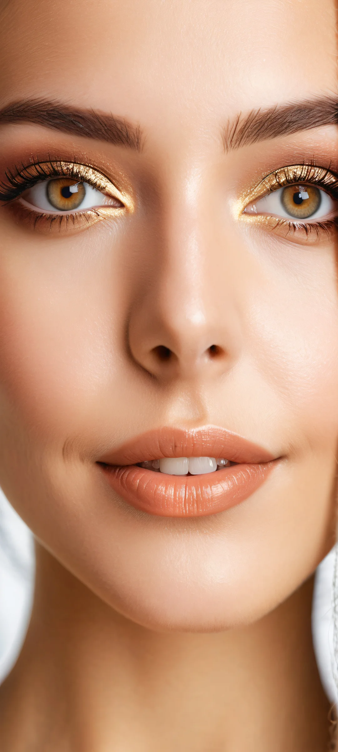 A beautiful woman with a warm smile and intricate details on her eyelashes and facial features. Perfect for iPhone/Android home screens.