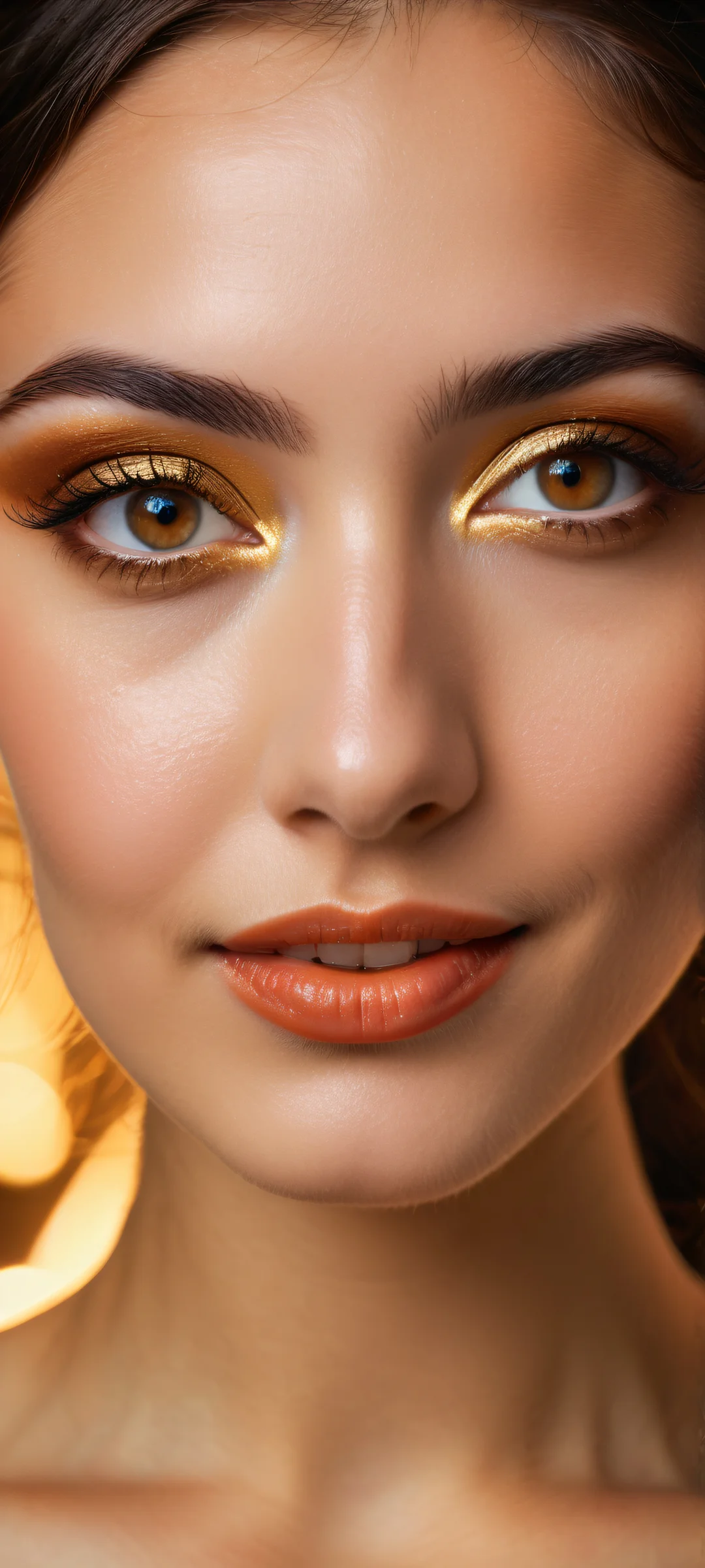 A young woman with striking brown eyes and long eyelashes, perfectly optimized for iPhone/Android home screens.