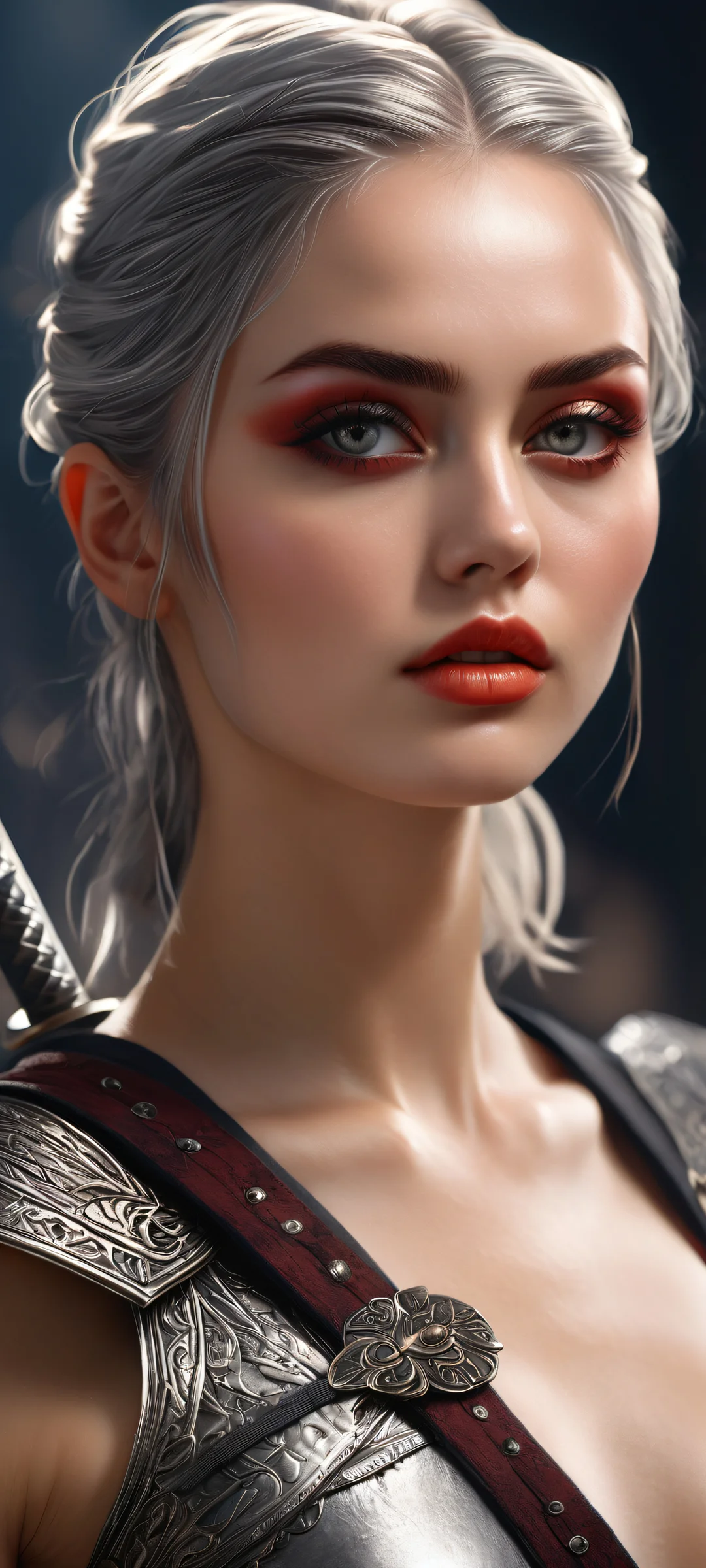 A powerful warrior woman wielding a sword on an iPhone/Android phone. Perfectly optimized for iOS widgets and Android home screens.