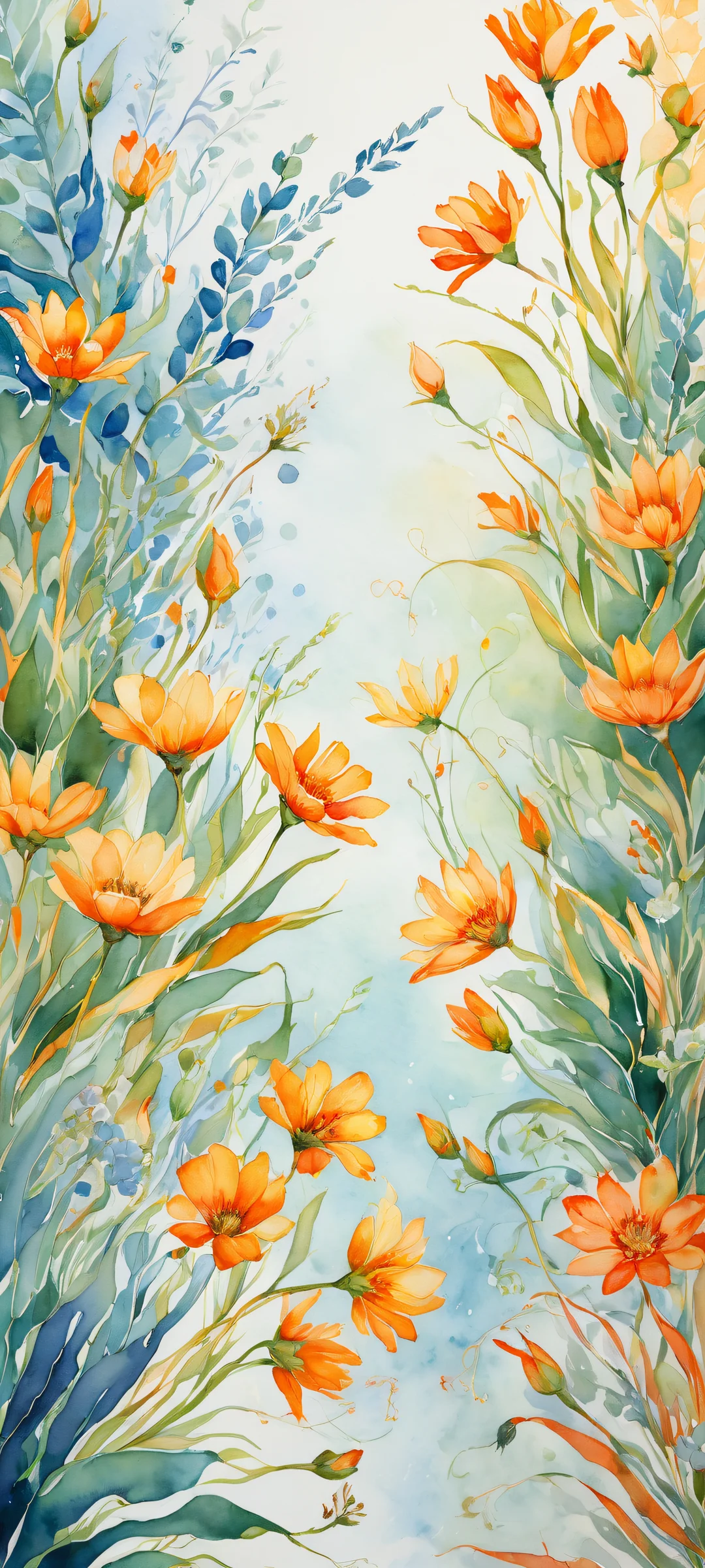 A beautiful iPhone/Android wallpaper featuring intricate watercolor floral patterns against a pristine void, with subtle brushstrokes and radiant lighting.