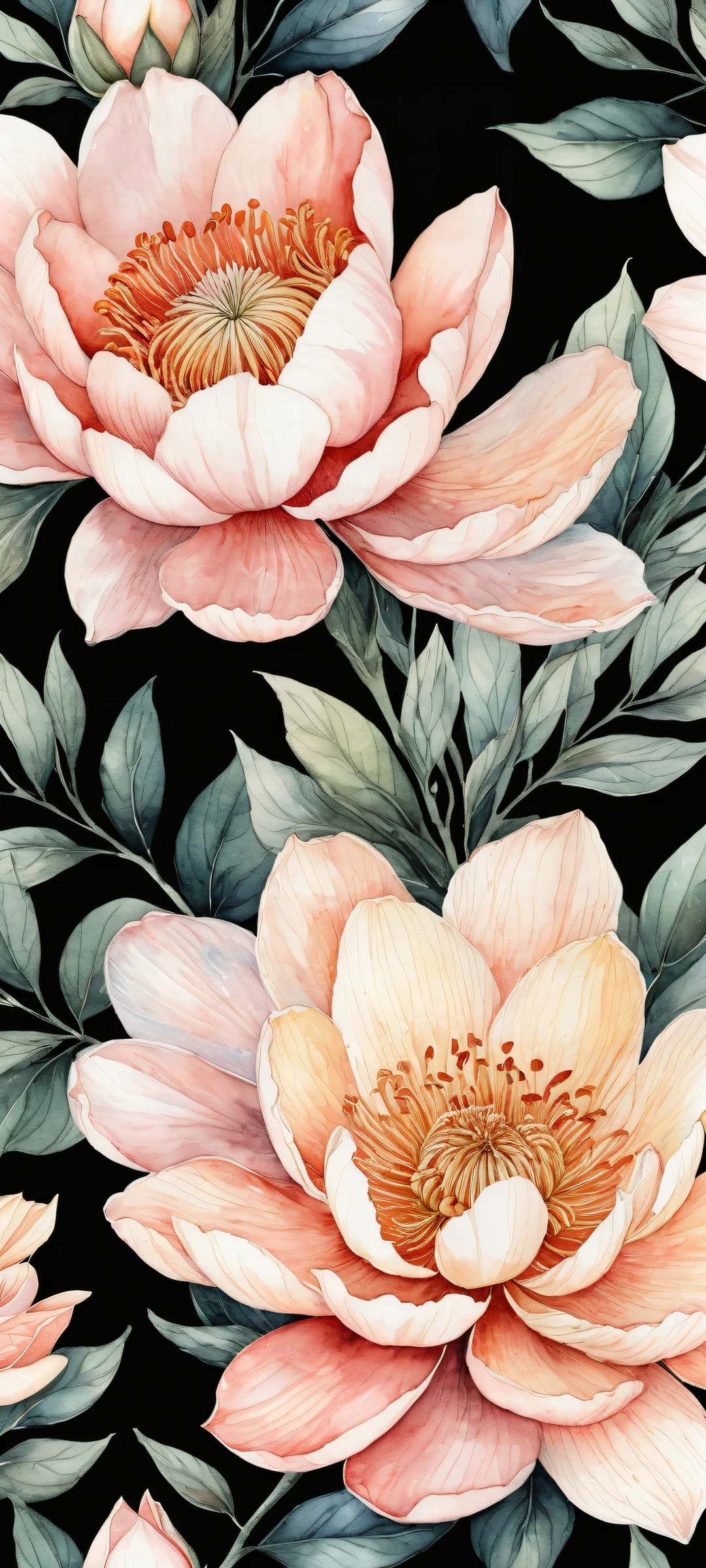 iPhone and Android users will love this stunning vertical portrait of delicate watercolor florals set against a clean and empty top half, perfectly optimized for seamless integration with UI widgets.