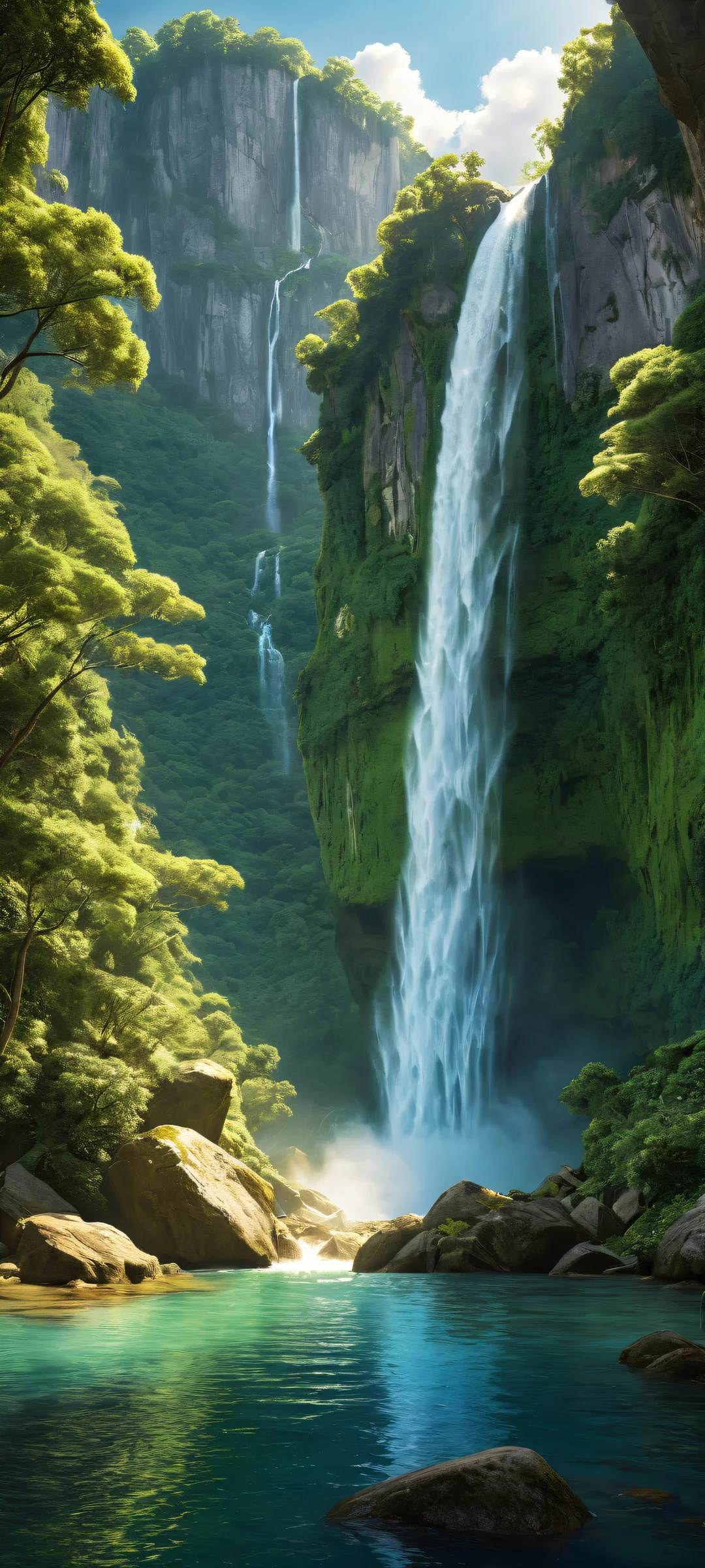 A serene iPhone/Android wallpaper featuring a breathtaking waterfall and lush greenery. Perfectly optimized for your phone's home screen.