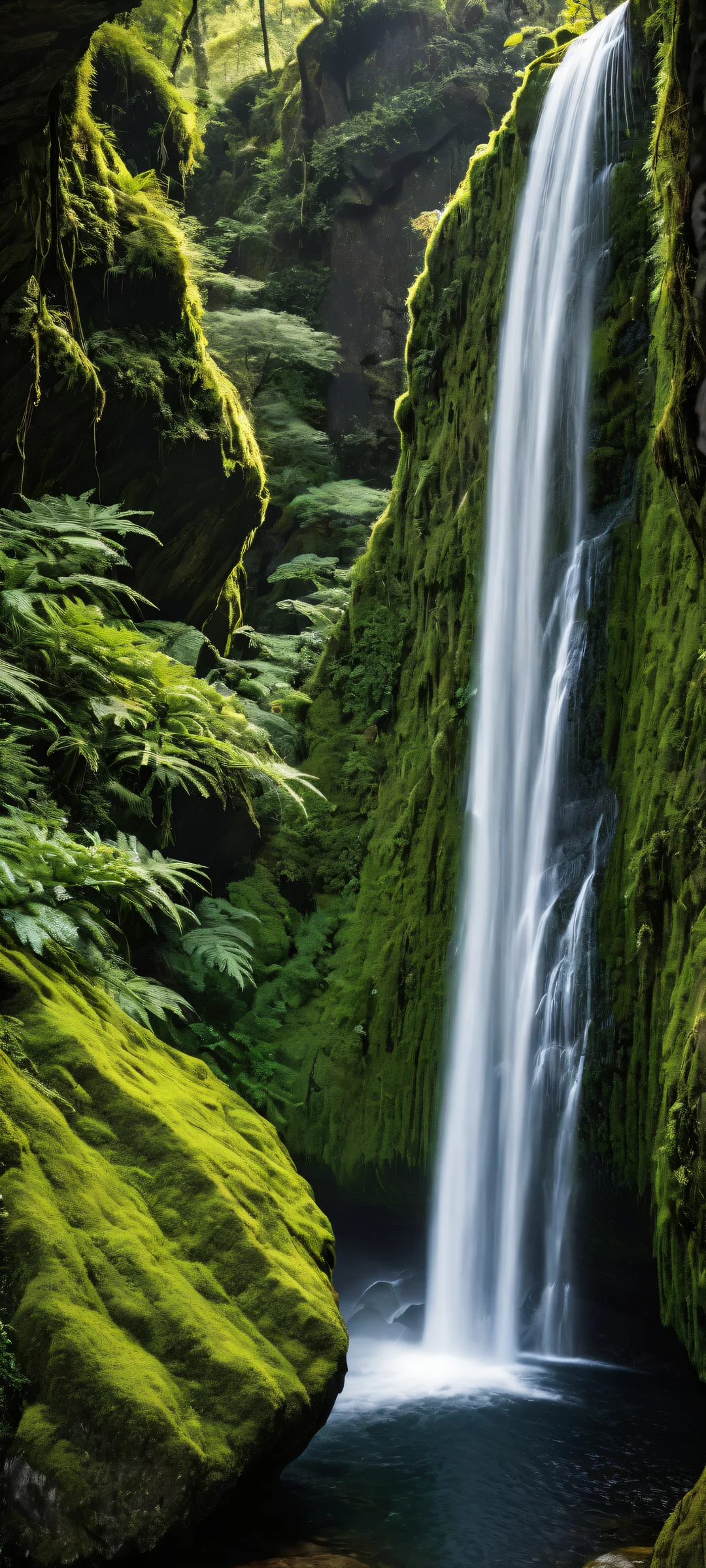 Breathtaking vertical portrait artwork of a Waterfall placed in the lower-middle with intricate micro-details of moss and plants, Perfectly clean and empty top half for iPhone/Android home screens.