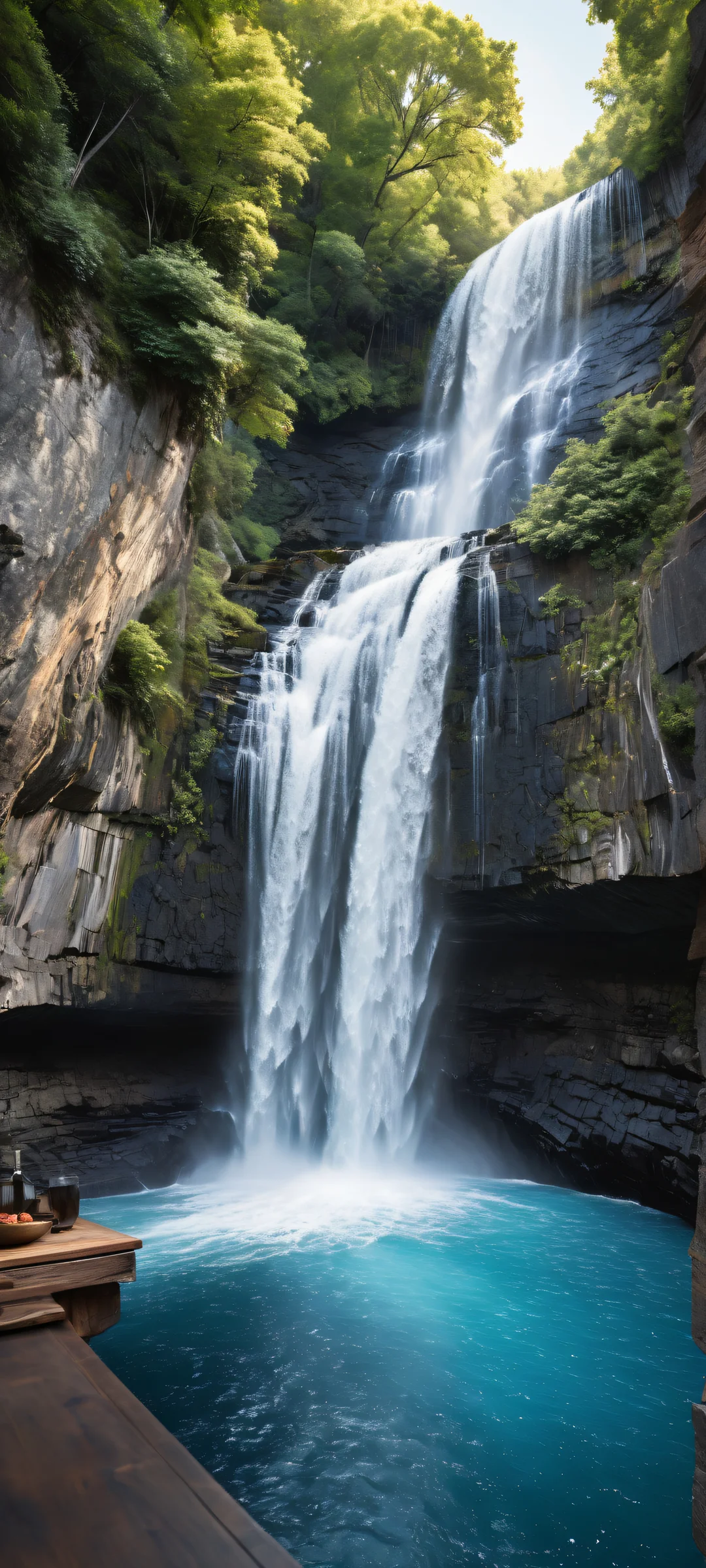 A breathtaking waterfall artwork perfectly optimized for iPhone and Android home screens, with intricate details on a worn wooden table, set against a pristine clean background.