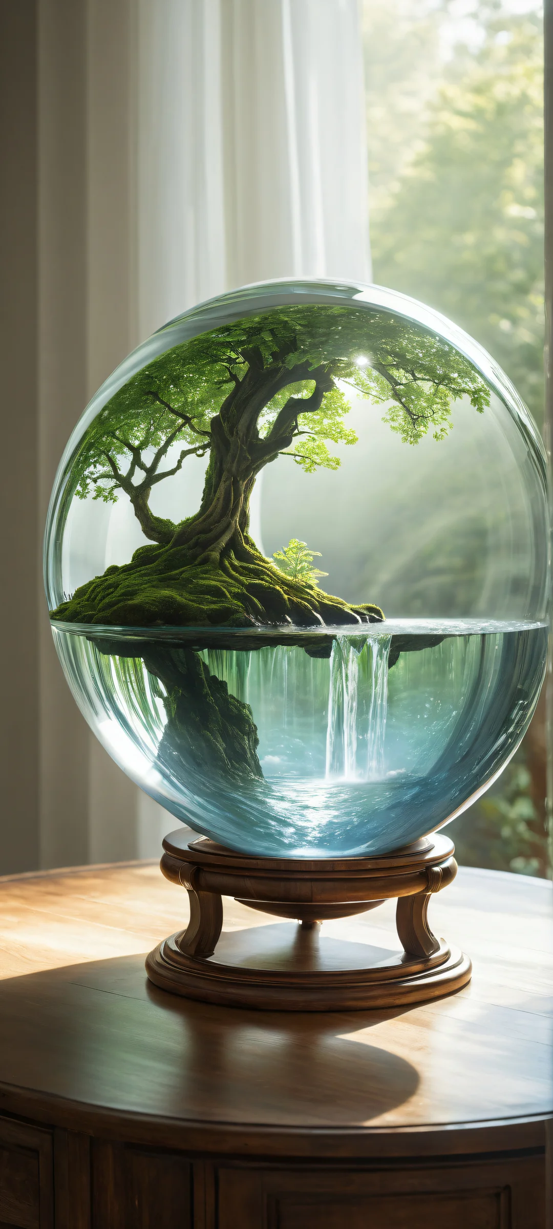 iPhone/Android compatible wallpaper featuring a serene waterfall scene with intricate micro-details and ethereal lighting.