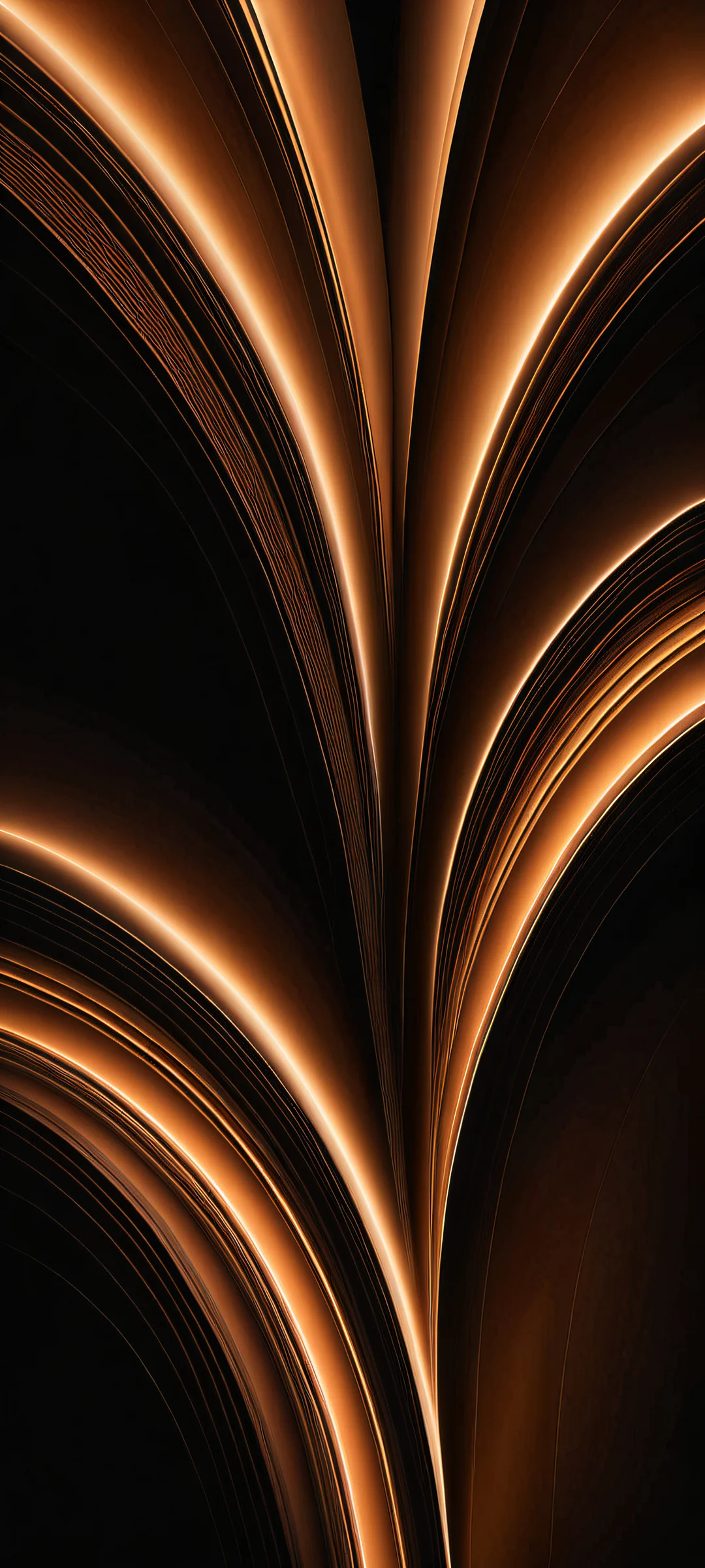iPhone and Android users alike will be mesmerized by this stunning vertical portrait artwork of waveforms on a brown background, perfectly optimized for home screens with deep blacks and luminescent accents in Dark Mode aesthetic.