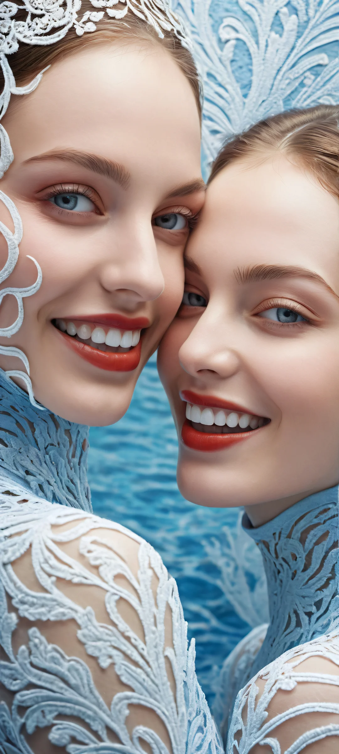 Two women smiling amidst wavy patterns and ethereal lighting. Perfecto para pantallas de inicio de iPhone/Android.