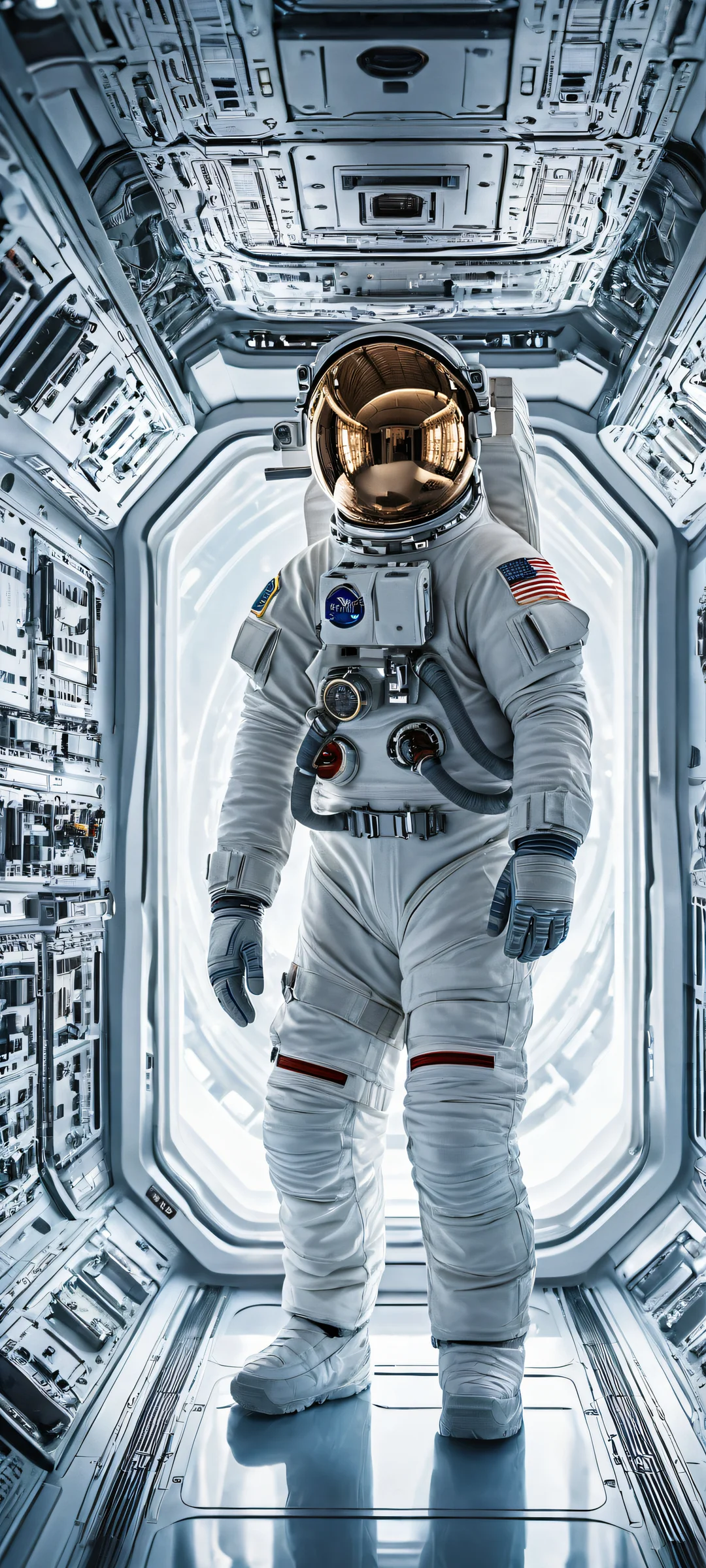 Astronaut in a futuristic spacecraft control panel, perfect for iPhone/Android home screens.