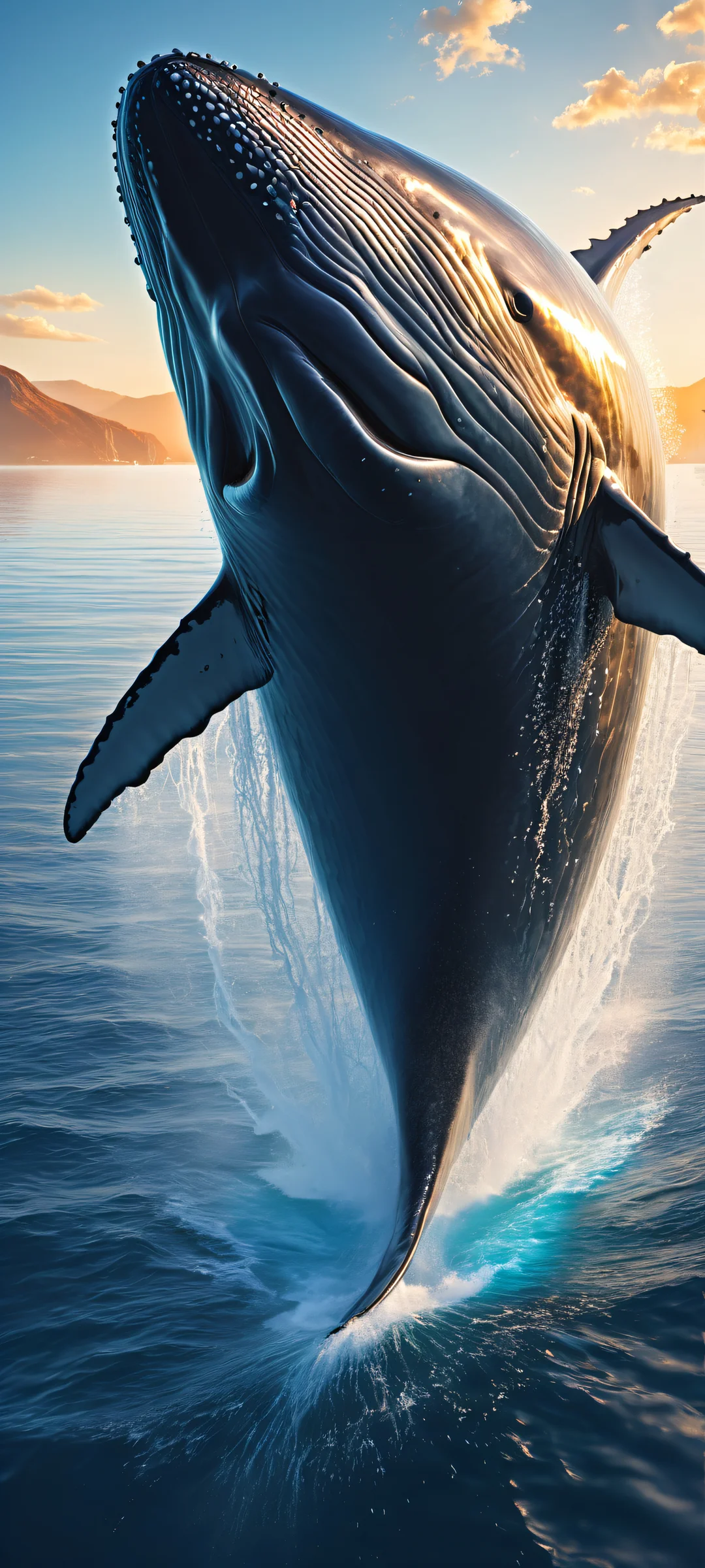 A majestic whale swims in the calm waters of a serene cityscape at dusk, perfeitamente otimizado para telas iniciais de iPhone e Android.