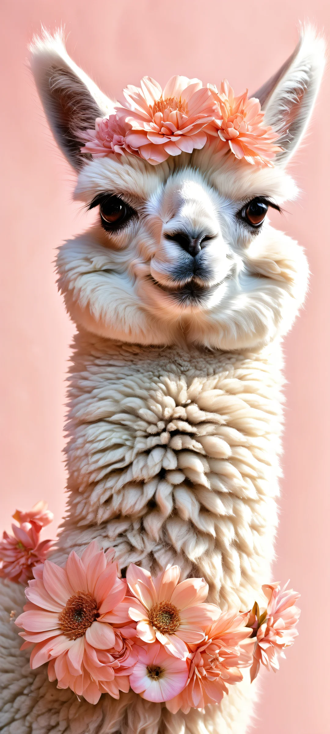 A breathtaking digital artwork of a girl surrounded by a whimsical alpaca theme, perfectly optimized for iPhone and Android home screens.